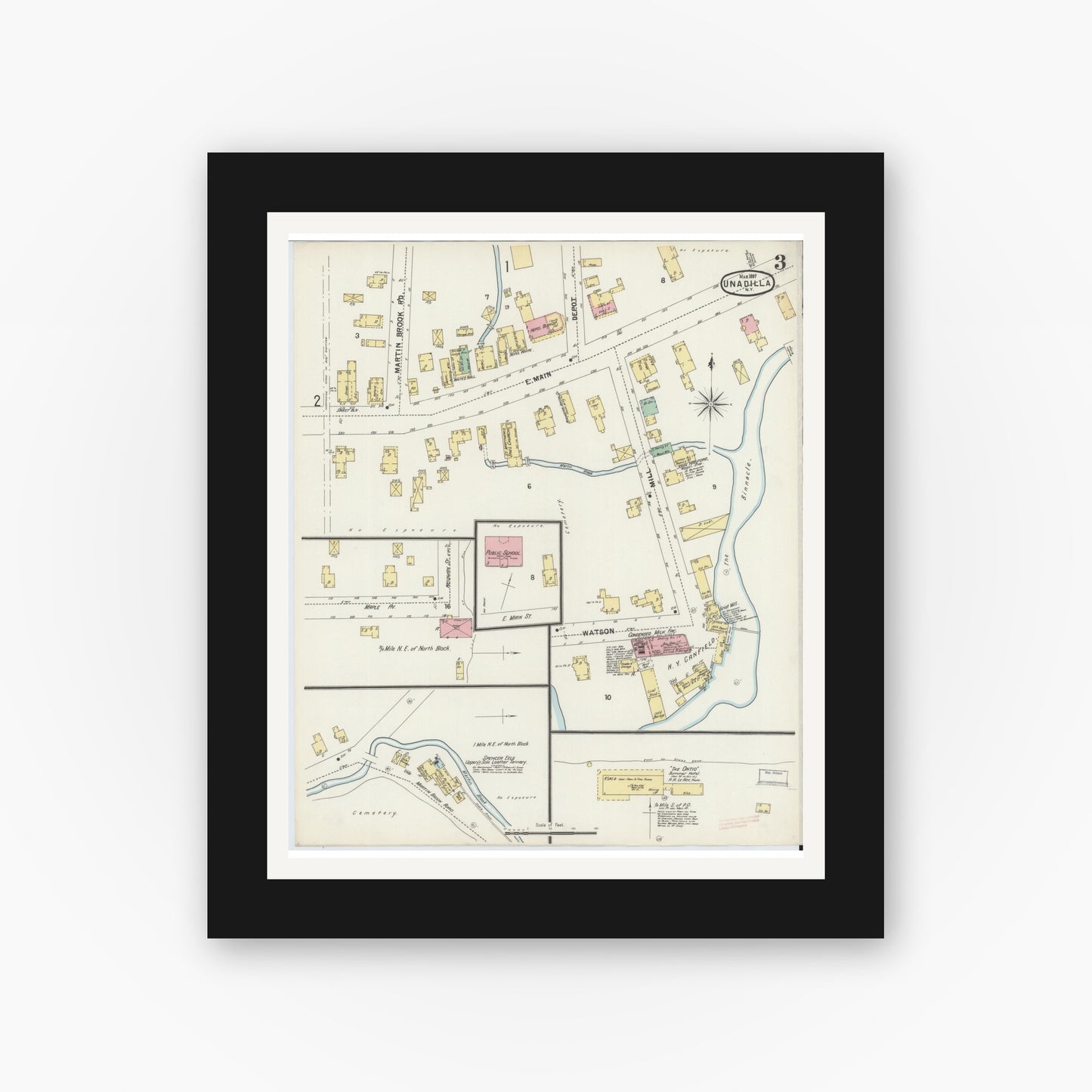 Old map wall art mockup — black gallery frame with white mat — Sanborn Fire Insurance Map from Unadilla, Otsego County, New York (1897), Sheet #0003