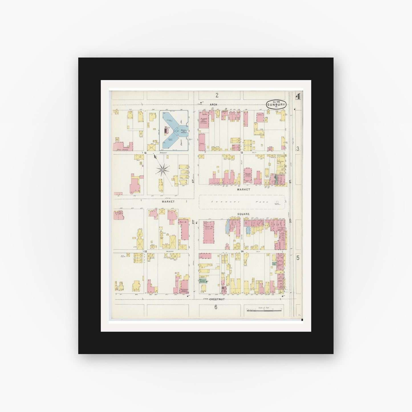Old map wall art mockup — black gallery frame with white mat — Sanborn Fire Insurance Map from Sunbury, Northumberland County, Pennsylvania (1896), Sheet #0004