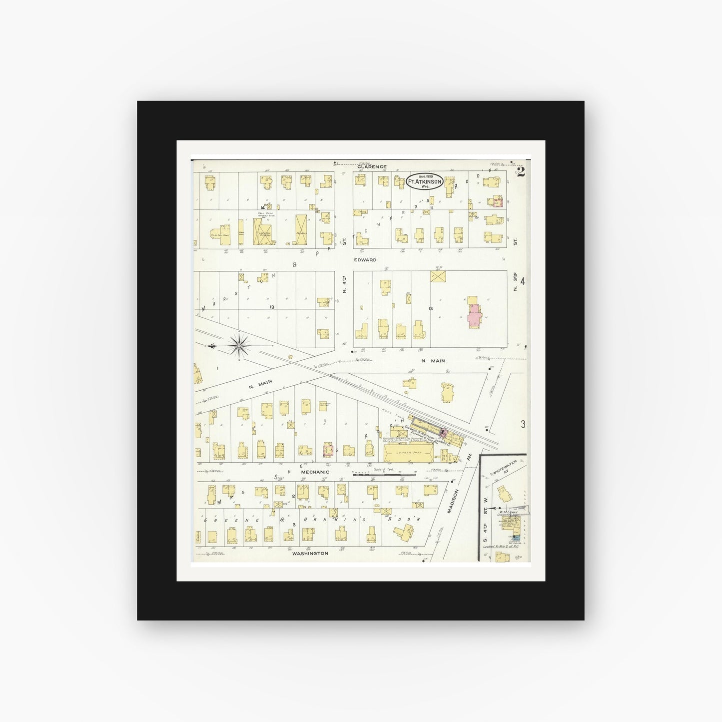 Old map wall art mockup — black gallery frame with white mat — Sanborn Fire Insurance Map from Fort Atkinson, Jefferson County, Wisconsin (1909), Sheet #0002
