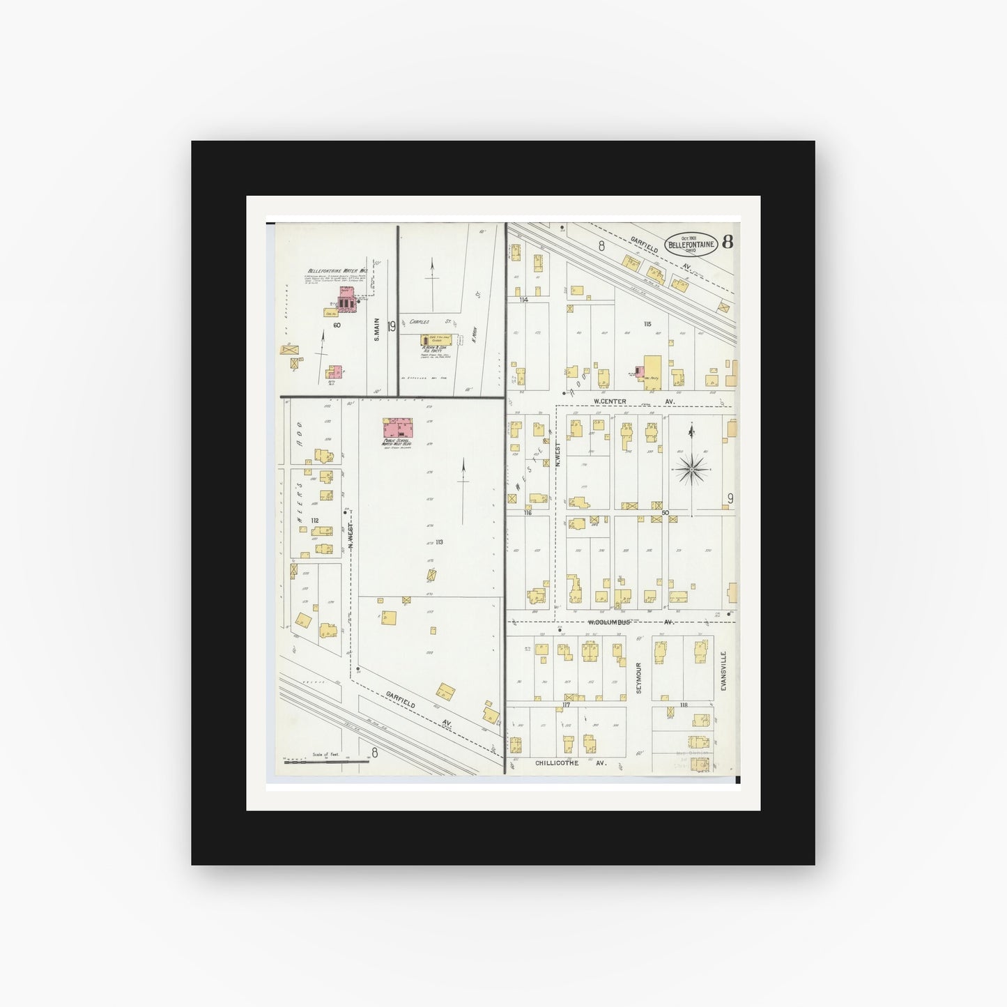 Old map wall art mockup — black gallery frame with white mat — Sanborn Fire Insurance Map from Bellefontaine, Logan County, Ohio (1901), Sheet #0008