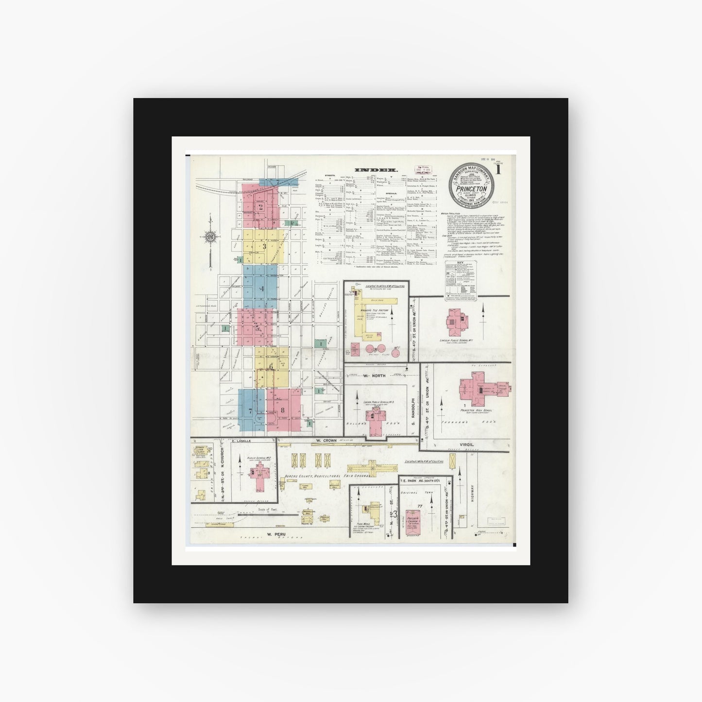 Old map wall art mockup — black gallery frame with white mat — Sanborn Fire Insurance Map from Princeton, Bureau County, Illinois (1911), Sheet #0001