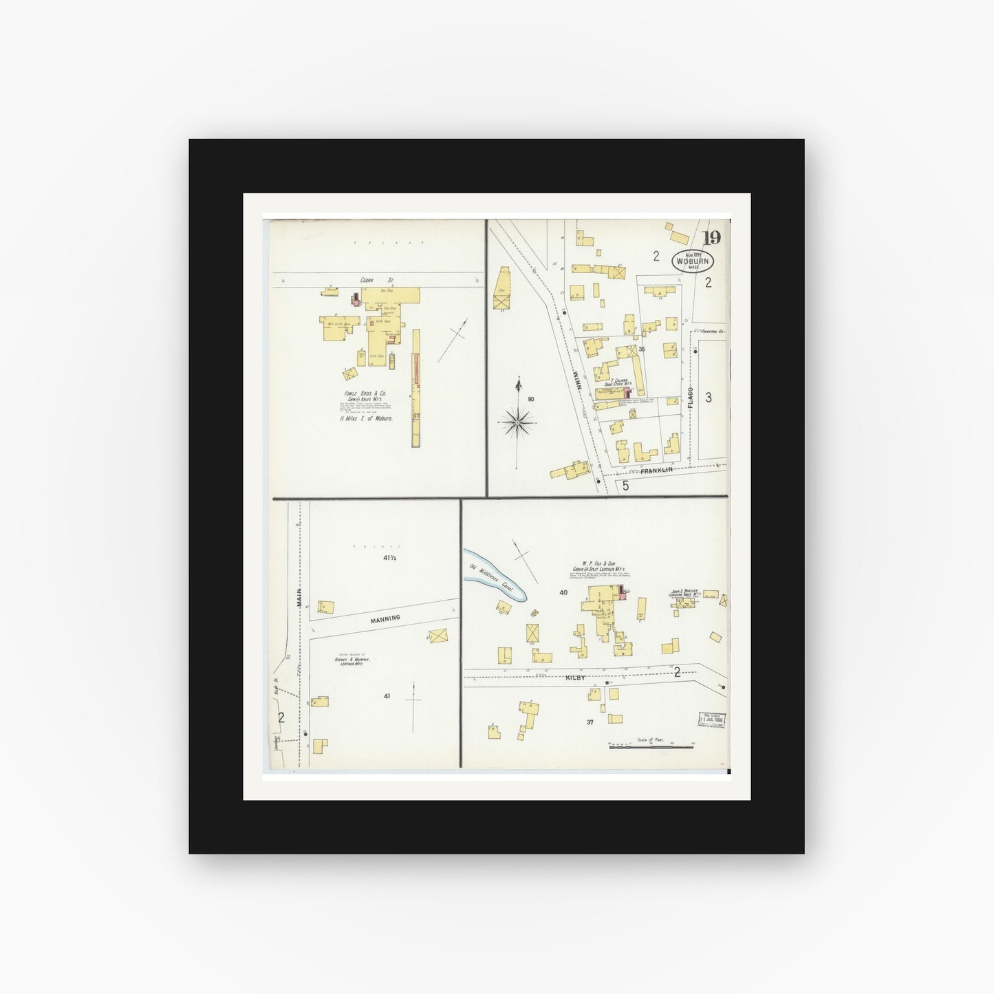 Old map wall art mockup — black gallery frame with white mat — Sanborn Fire Insurance Map from Woburn, Middlesex County, Massachusetts (1899), Sheet #0019