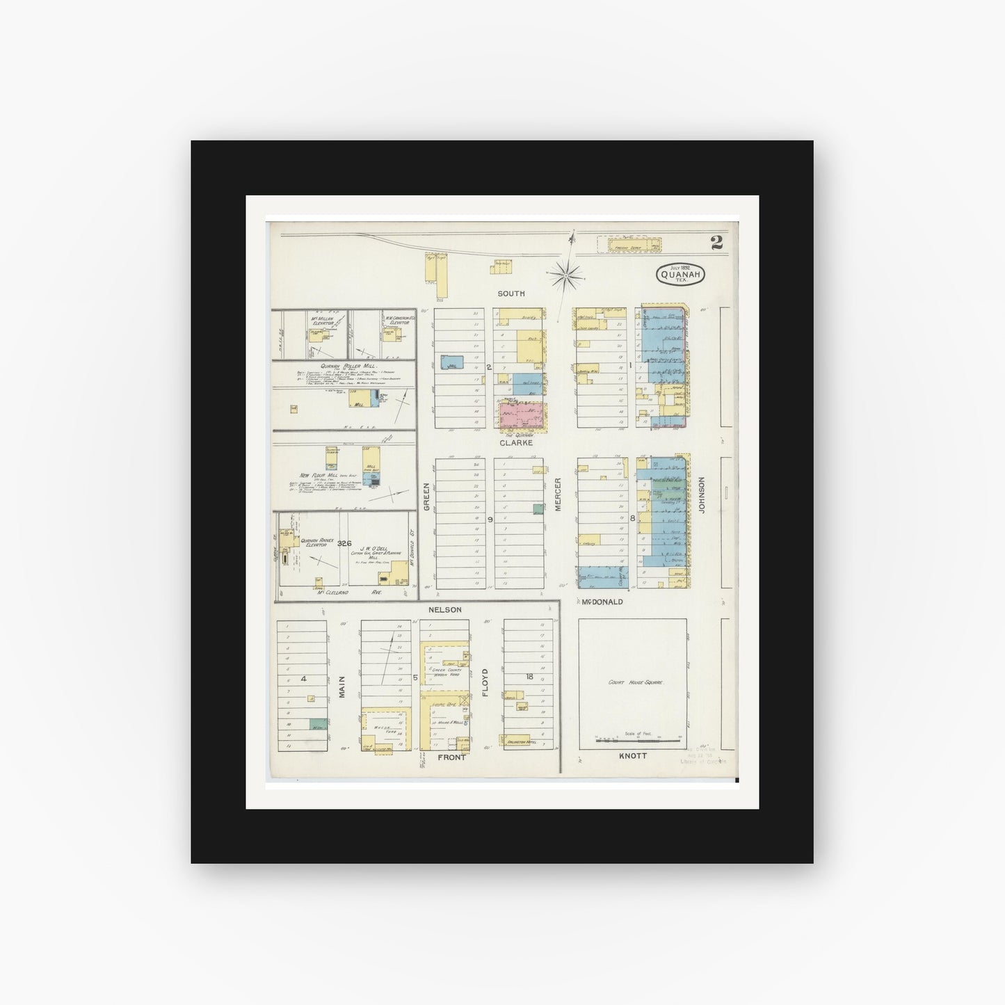 Old map wall art mockup — black gallery frame with white mat — Sanborn Fire Insurance Map from Quanah, Hardeman County, Texas (1892), Sheet #0002
