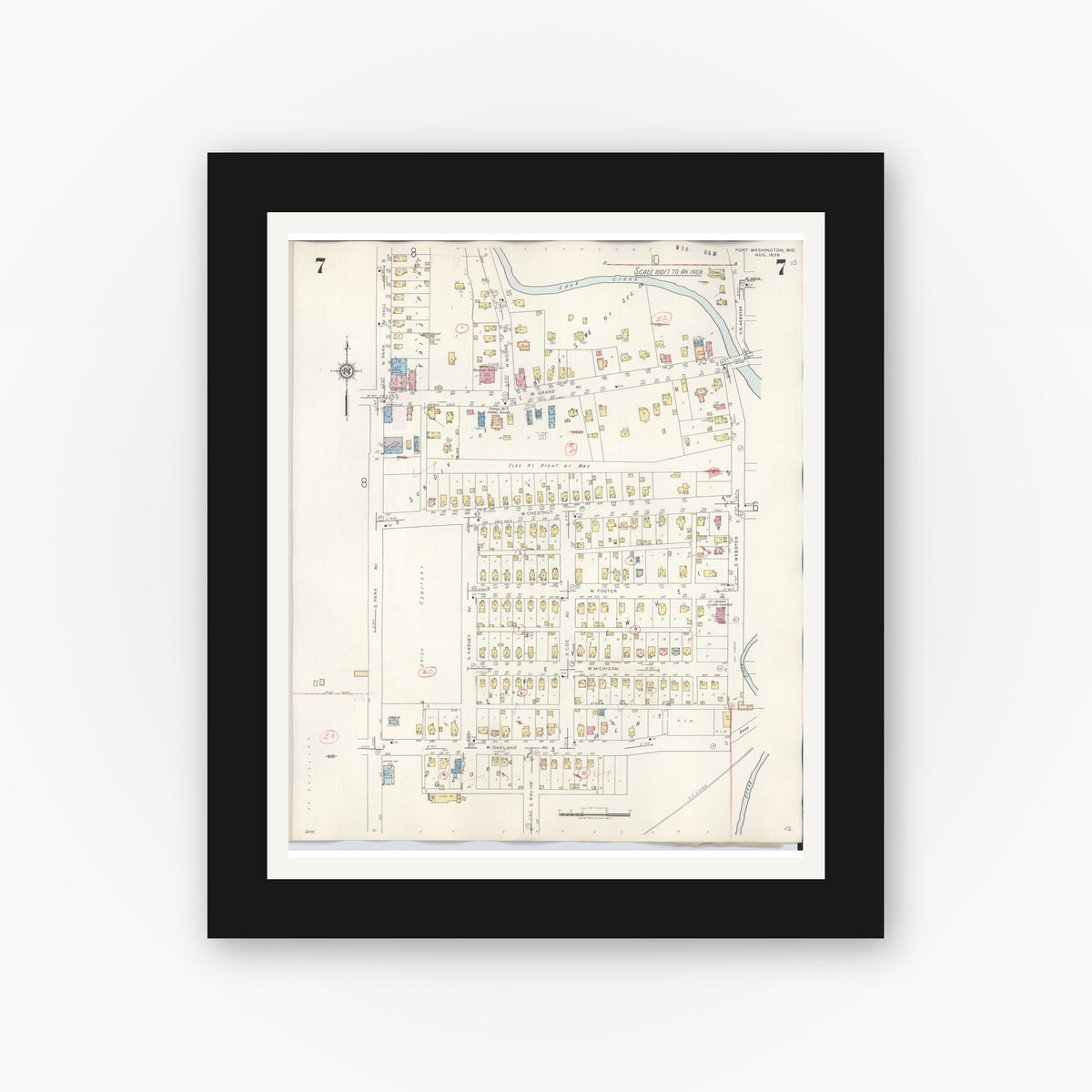 Old map wall art mockup — black gallery frame with white mat — Sanborn Fire Insurance Map from Port Washington, Ozaukee County, Wisconsin (1949), Sheet #0007