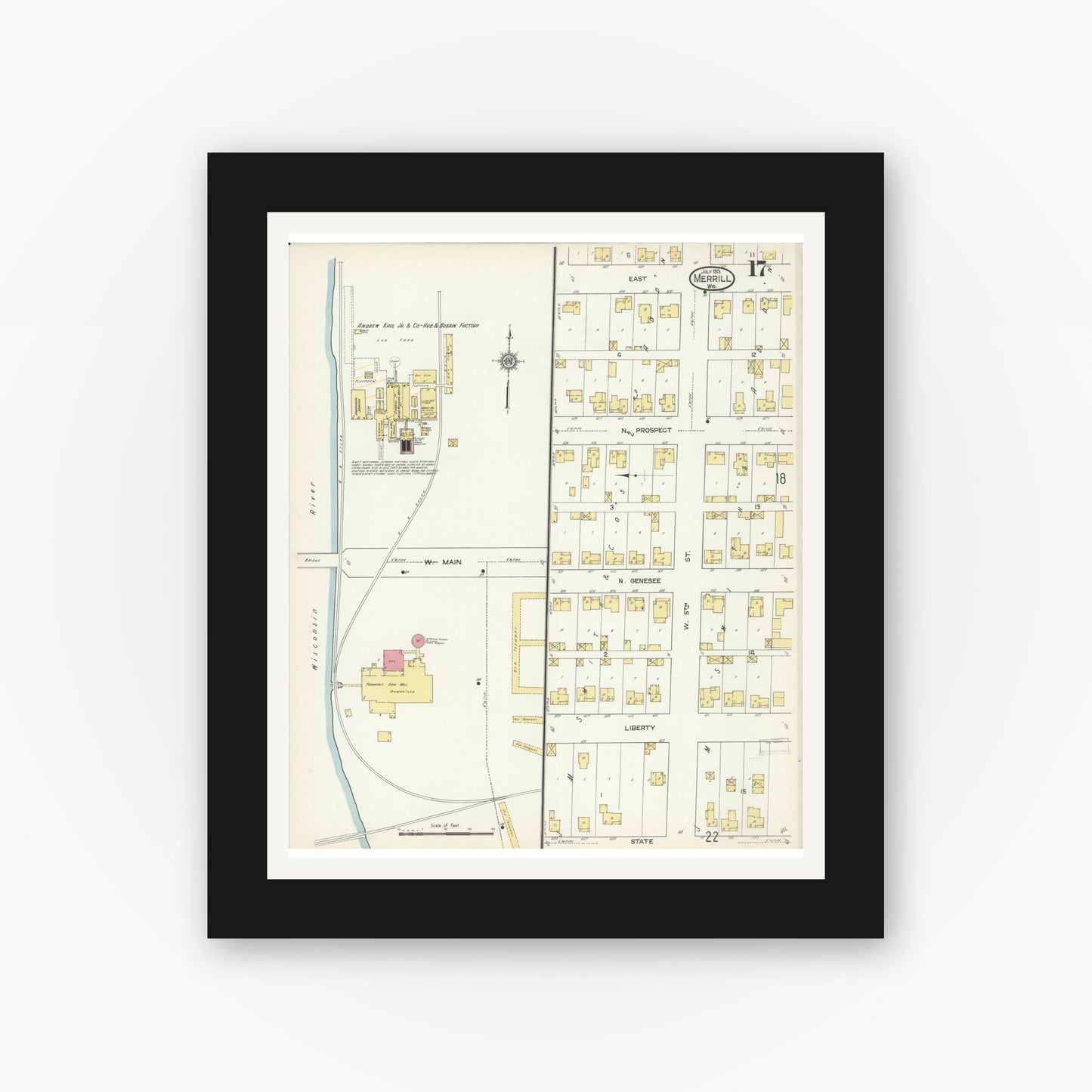 Old map wall art mockup — black gallery frame with white mat — Sanborn Fire Insurance Map from Merrill, Lincoln County, Wisconsin (1913), Sheet #0017