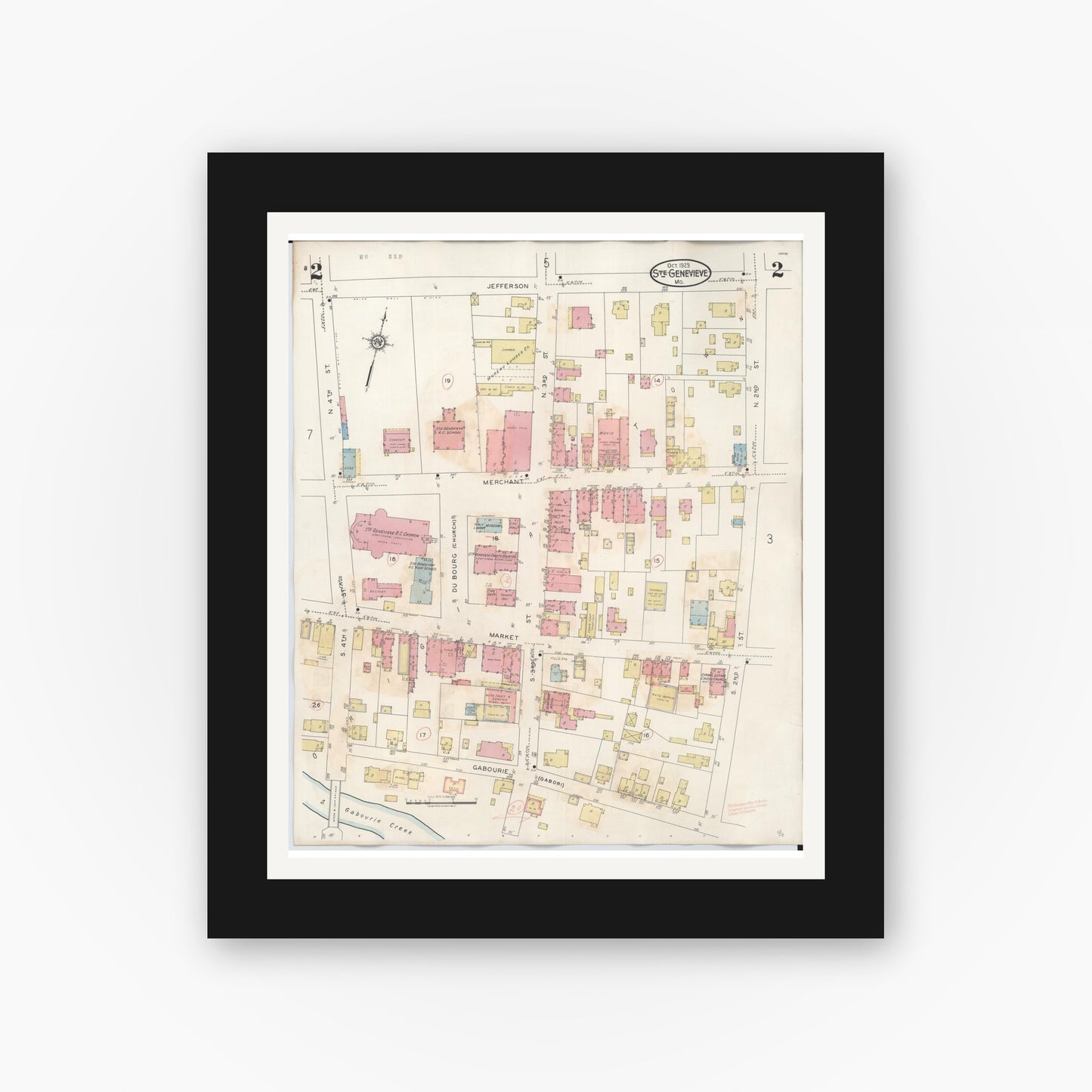Old map wall art mockup — black gallery frame with white mat — Sanborn Fire Insurance Map from Sainte Genevieve, Saint Genevieve County, Missouri (1945), Sheet #0002