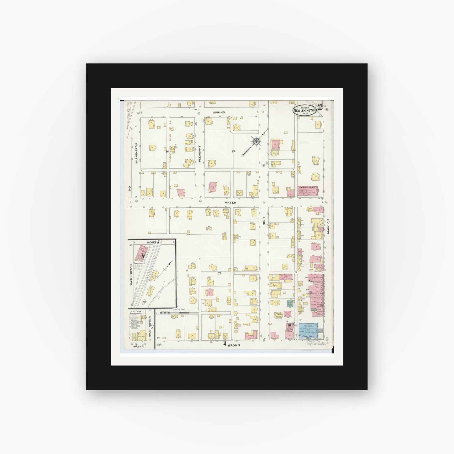 Old map wall art mockup — black gallery frame with white mat — Sanborn Fire Insurance Map from New Lexington, Perry County, Ohio (1909), Sheet #0002