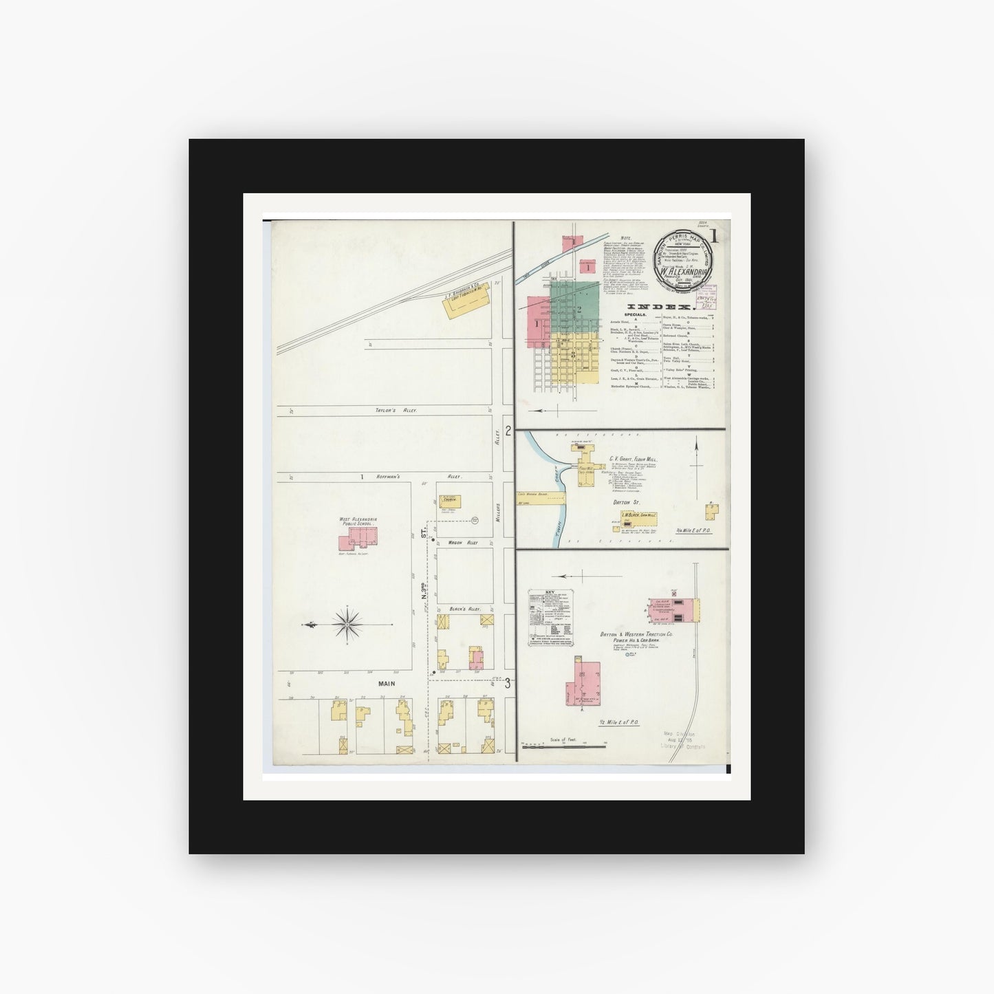 Old map wall art mockup — black gallery frame with white mat — Sanborn Fire Insurance Map from West Alexandria, Preble County, Ohio (1901), Sheet #0001