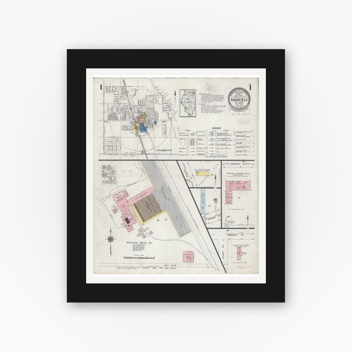 Old map wall art mockup — black gallery frame with white mat — Sanborn Fire Insurance Map from Deerfield, Lake County, Illinois (1929), Sheet #0001