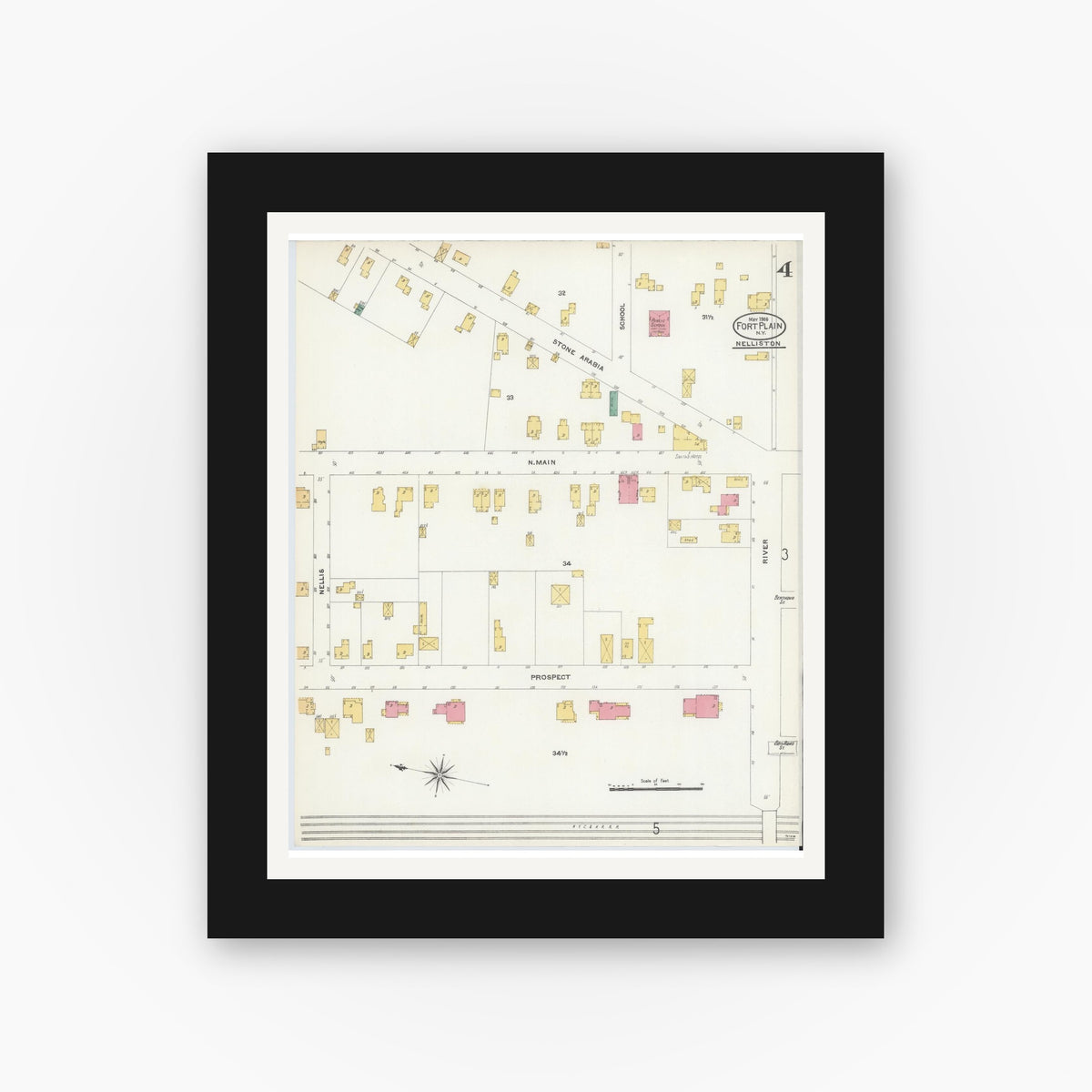Old map wall art mockup — black gallery frame with white mat — Sanborn Fire Insurance Map from Fort Plain, Montgomery County, New York (1906), Sheet #0004