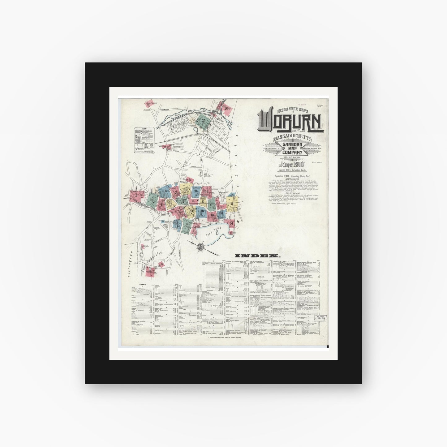 Old map wall art mockup — black gallery frame with white mat — Sanborn Fire Insurance Map from Woburn, Middlesex County, Massachusetts (1910), Sheet #0001