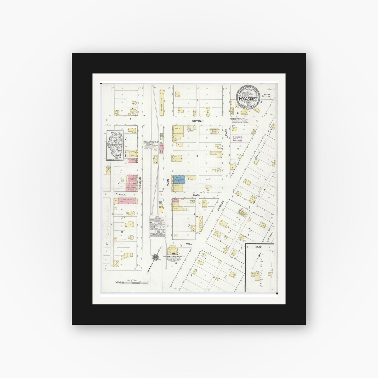 Old map wall art mockup — black gallery frame with white mat — Sanborn Fire Insurance Map from Vergennes, Jackson County, Illinois (1914), Sheet #0001