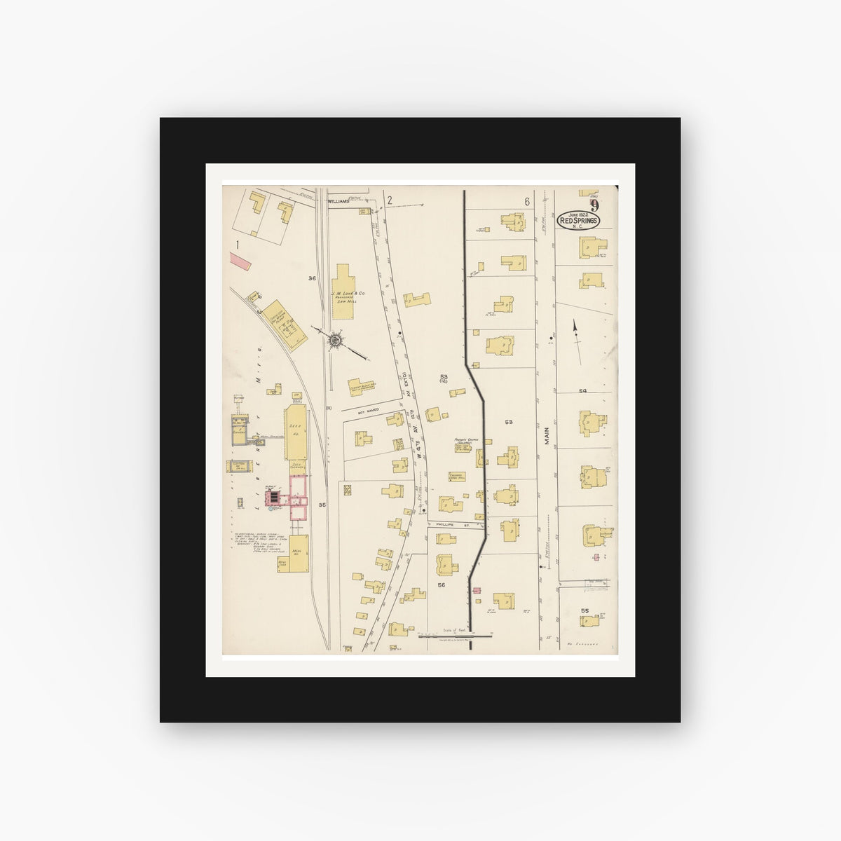 Old map wall art mockup — black gallery frame with white mat — Sanborn Fire Insurance Map from Red Springs, Robeson County, North Carolina (1922), Sheet #0009
