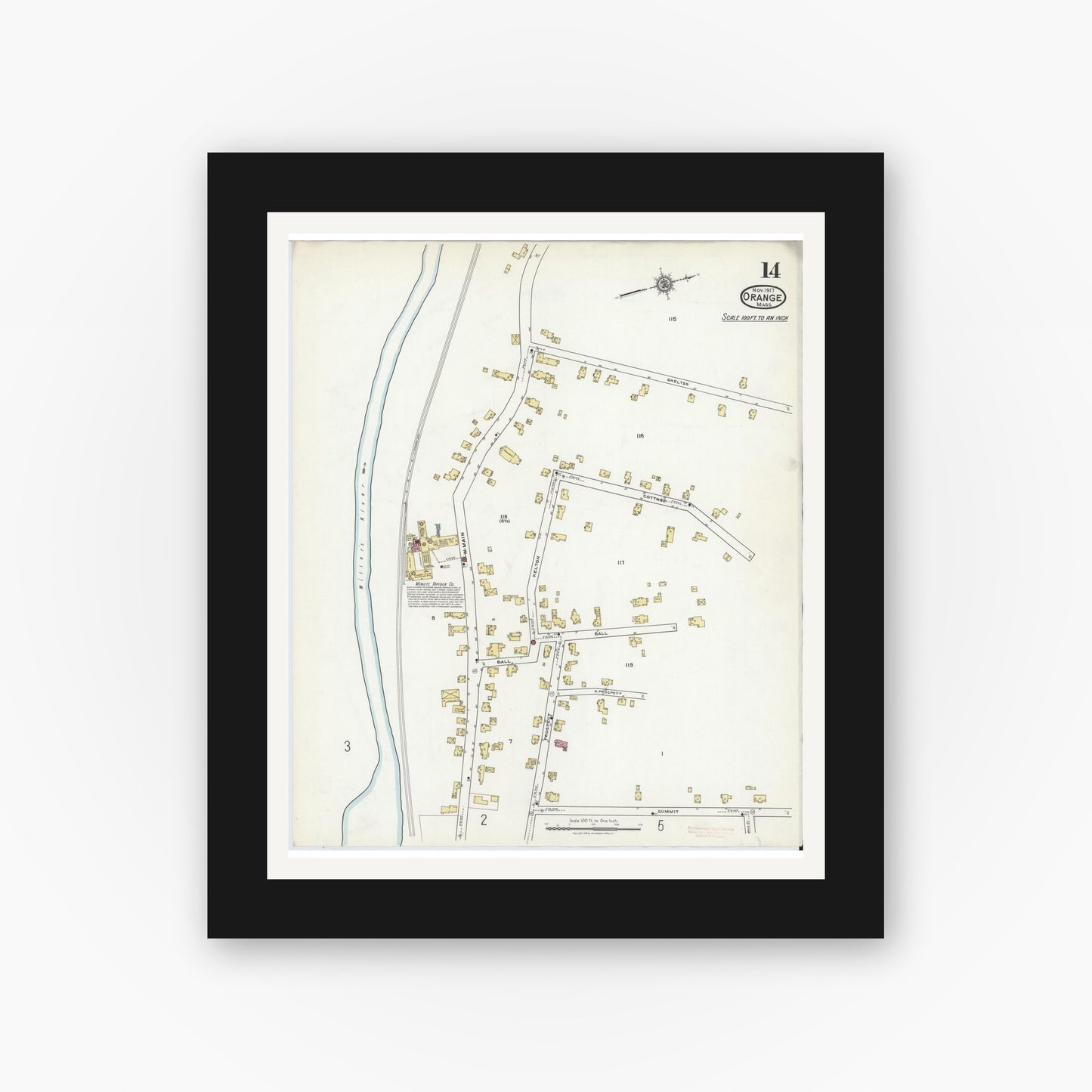 Old map wall art mockup — black gallery frame with white mat — Sanborn Fire Insurance Map from Orange, Franklin County, Massachusetts (1917), Sheet #0014