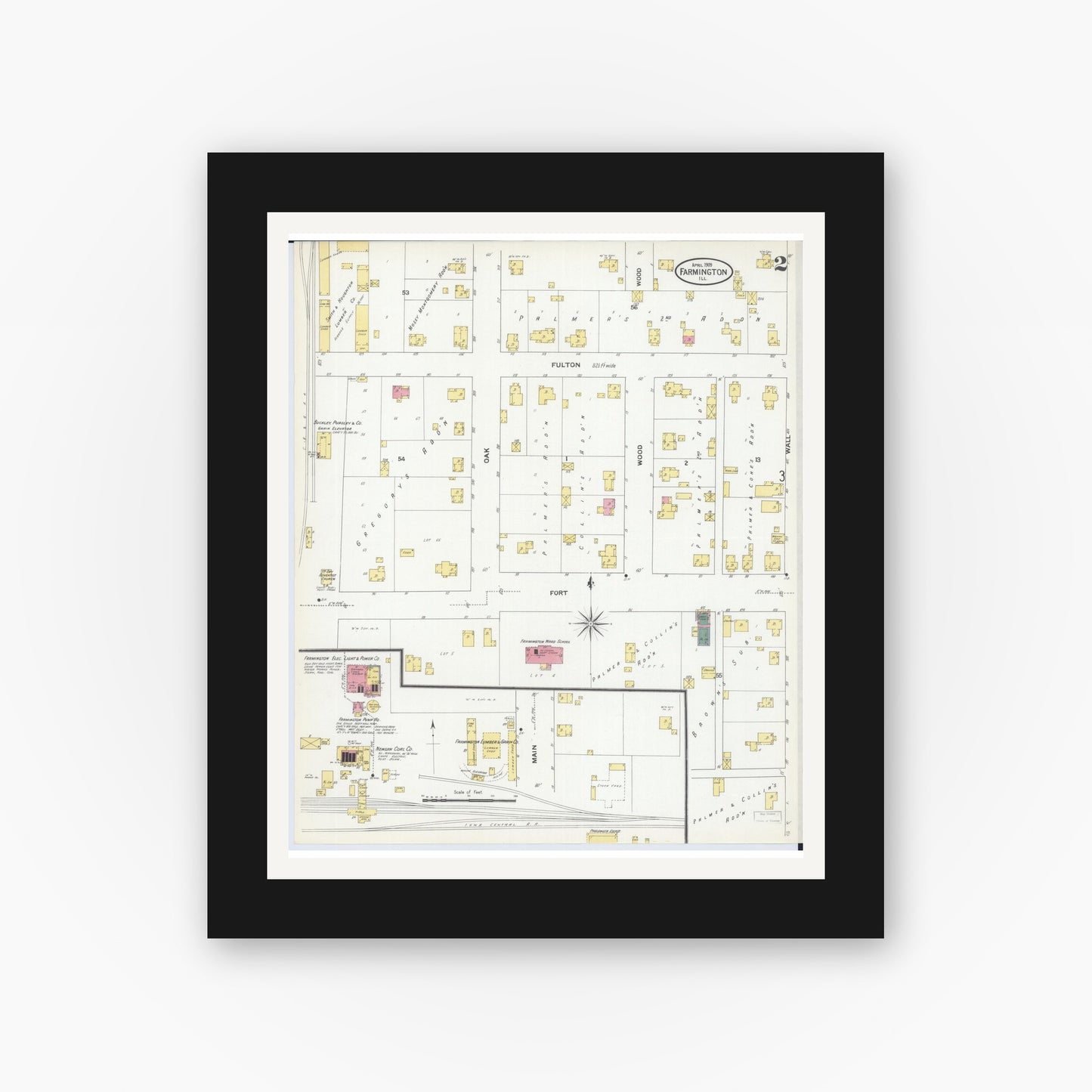 Old map wall art mockup — black gallery frame with white mat — Sanborn Fire Insurance Map from Farmington, Fulton County, Illinois (1909), Sheet #0002