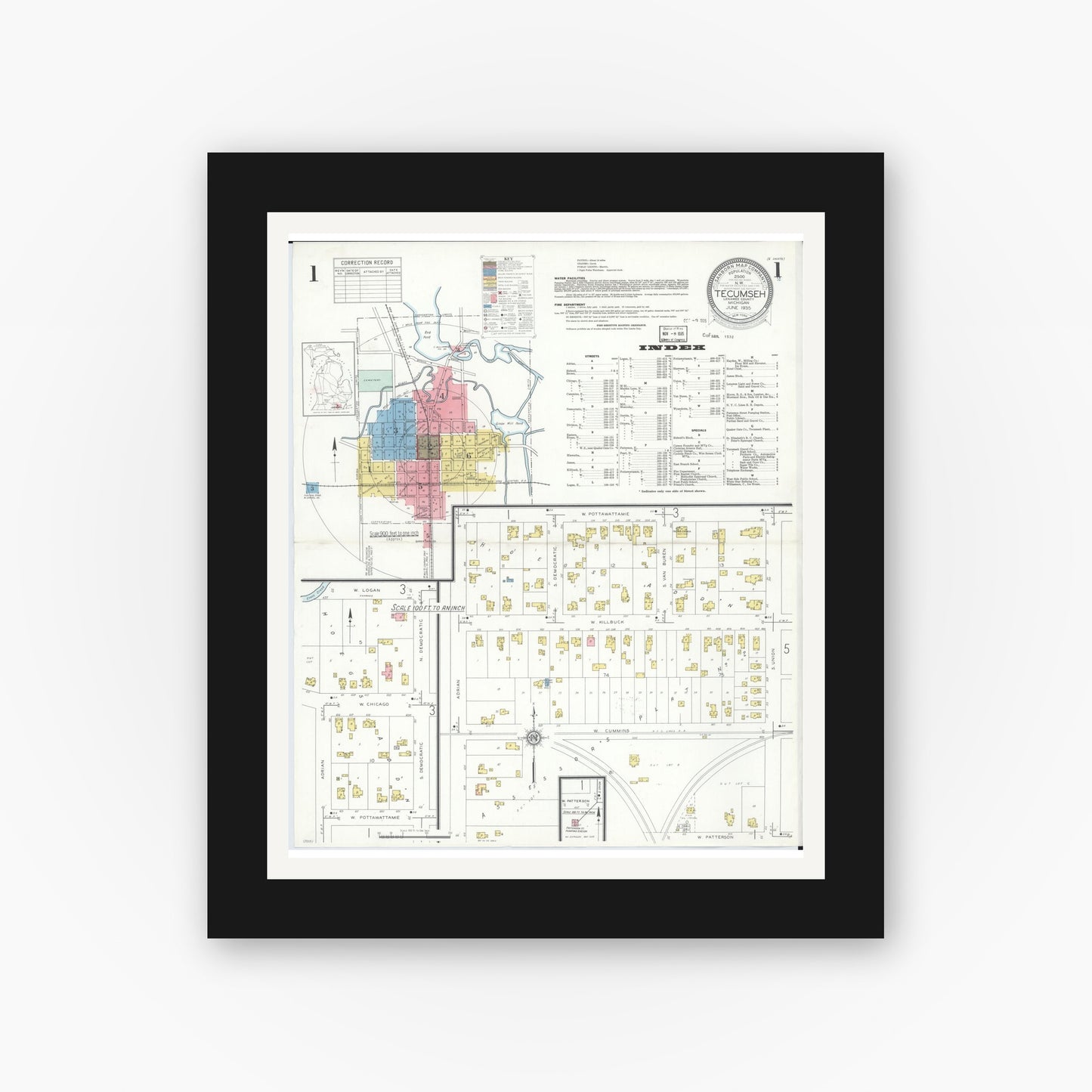 Old map wall art mockup — black gallery frame with white mat — Sanborn Fire Insurance Map from Tecumseh, Lenawee County, Michigan (1935) - Complete Map Set