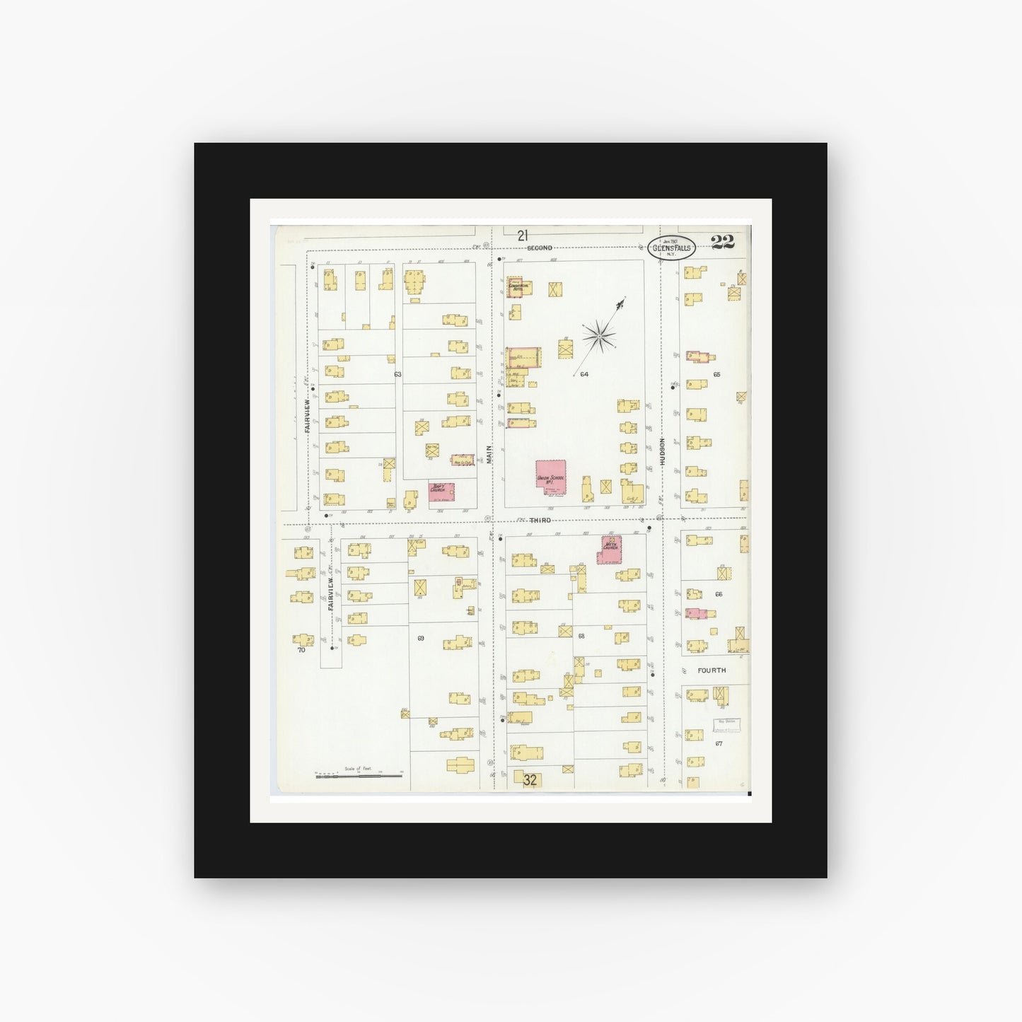 Old map wall art mockup — black gallery frame with white mat — Sanborn Fire Insurance Map from Glens Falls, Warren County, New York (1901), Sheet #0022