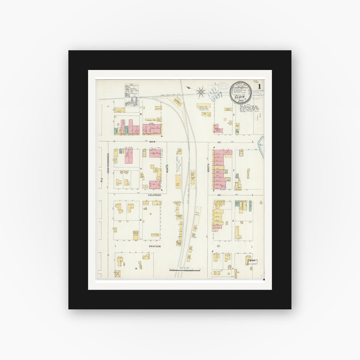 Old map wall art mockup — black gallery frame with white mat — Sanborn Fire Insurance Map from Elgin, Bastrop County, Texas (1898) - Complete Map Set