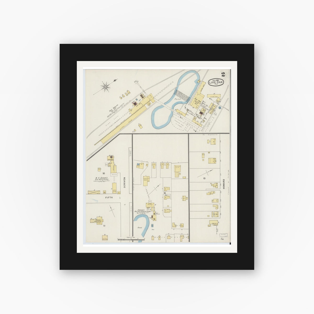 Old map wall art mockup — black gallery frame with white mat — Sanborn Fire Insurance Map from Live Oak, Suwanee County, Florida (1895), Sheet #0002