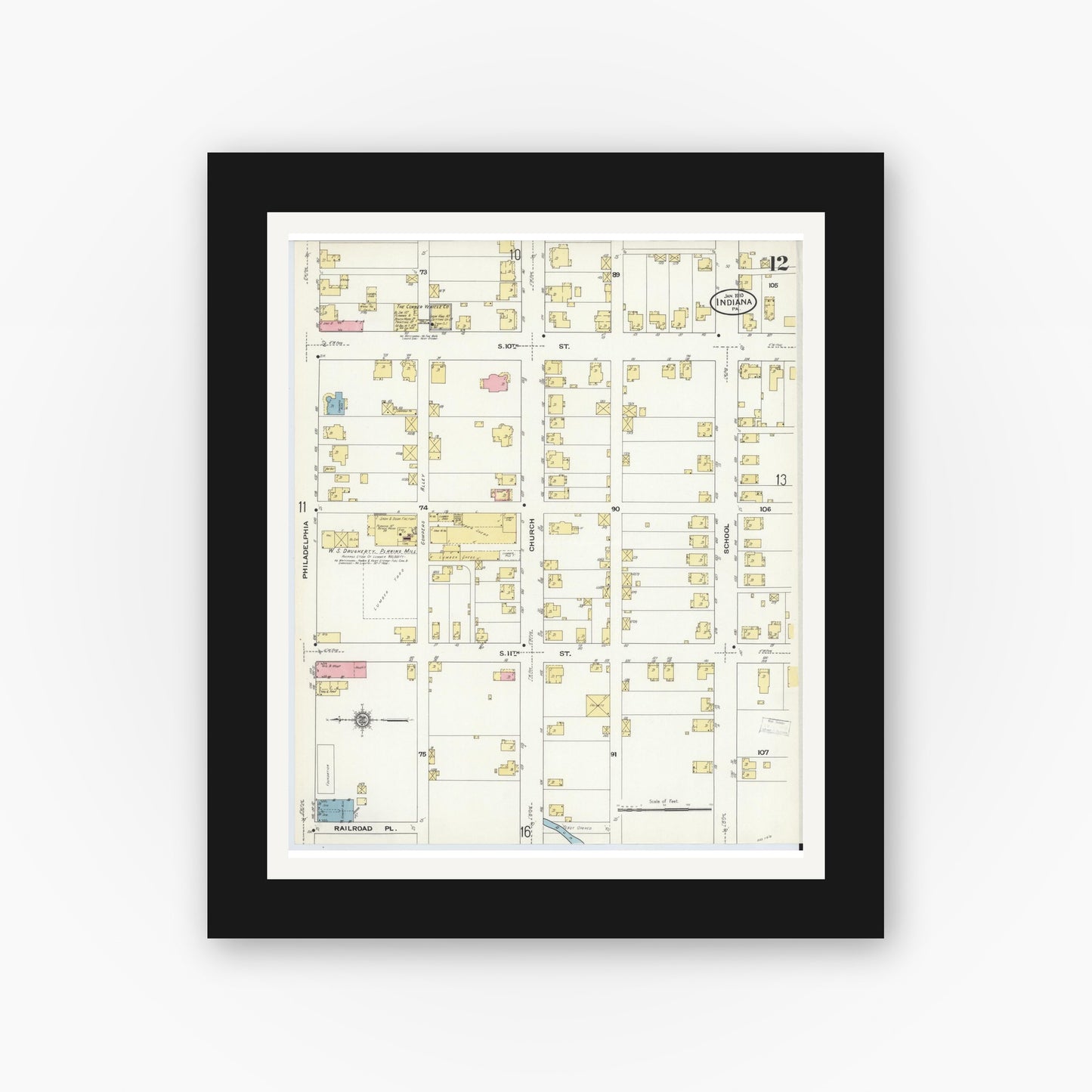 Old map wall art mockup — black gallery frame with white mat — Sanborn Fire Insurance Map from Indiana, Indiana County, Pennsylvania (1910), Sheet #0012