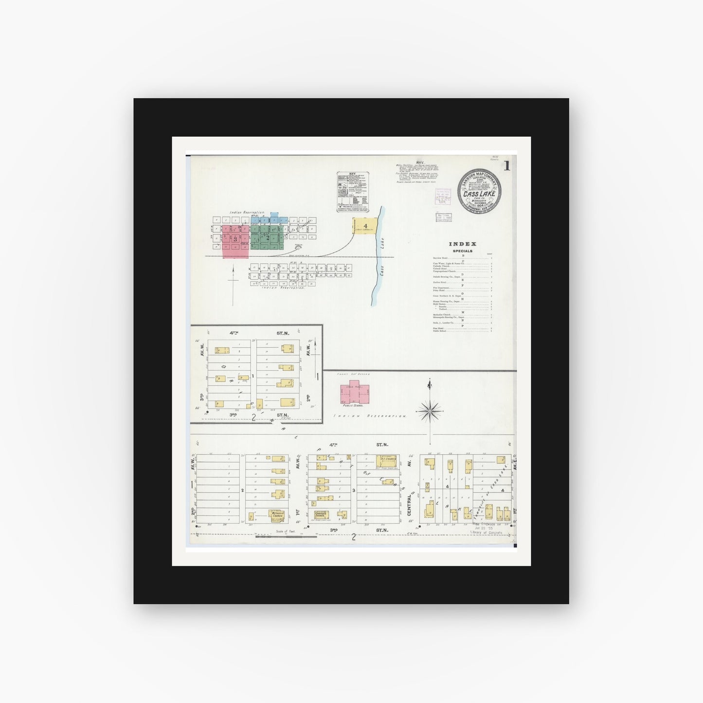 Old map wall art mockup — black gallery frame with white mat — Sanborn Fire Insurance Map from Cass Lake, Cass County, Minnesota (1904) - Complete Map Set
