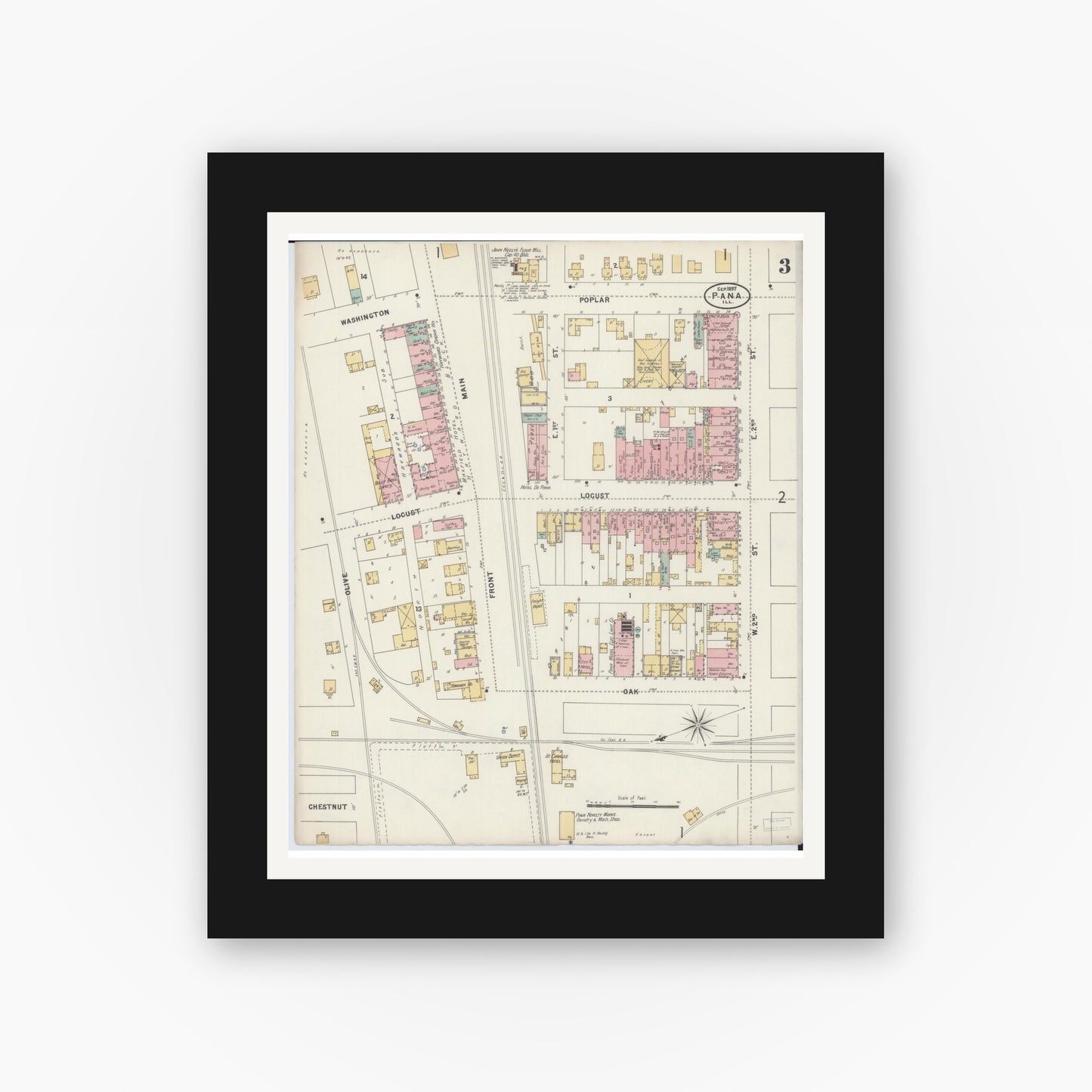 Old map wall art mockup — black gallery frame with white mat — Sanborn Fire Insurance Map from Pana, Christian County, Illinois (1897), Sheet #0003