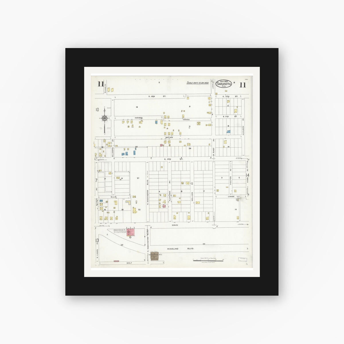 Old map wall art mockup — black gallery frame with white mat — Sanborn Fire Insurance Map from Sarasota, Sarasota County, Florida (1925), Sheet #0011