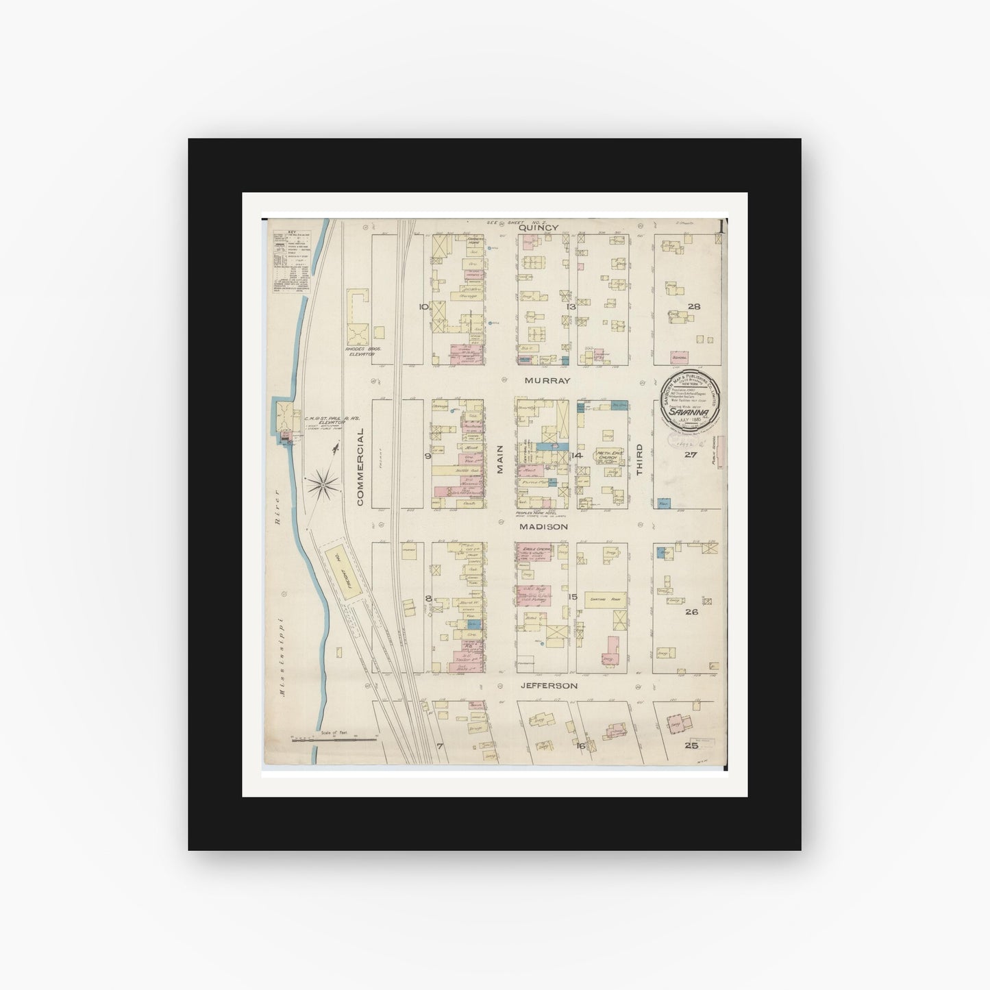 Old map wall art mockup — black gallery frame with white mat — Sanborn Fire Insurance Map from Savanna, Carroll County, Illinois (1885) - Complete Map Set