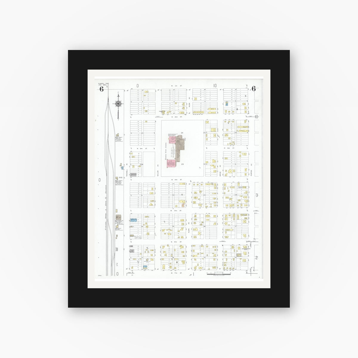 Old map wall art mockup — black gallery frame with white mat — Sanborn Fire Insurance Map from Dumas, Moore County, Texas (1950), Sheet #0006