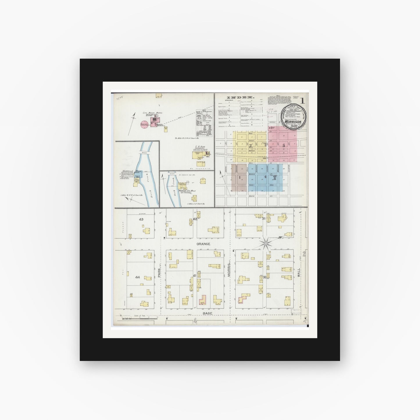 Old map wall art mockup — black gallery frame with white mat — Sanborn Fire Insurance Map from Morrison, Whiteside County, Illinois (1892), Sheet #0001