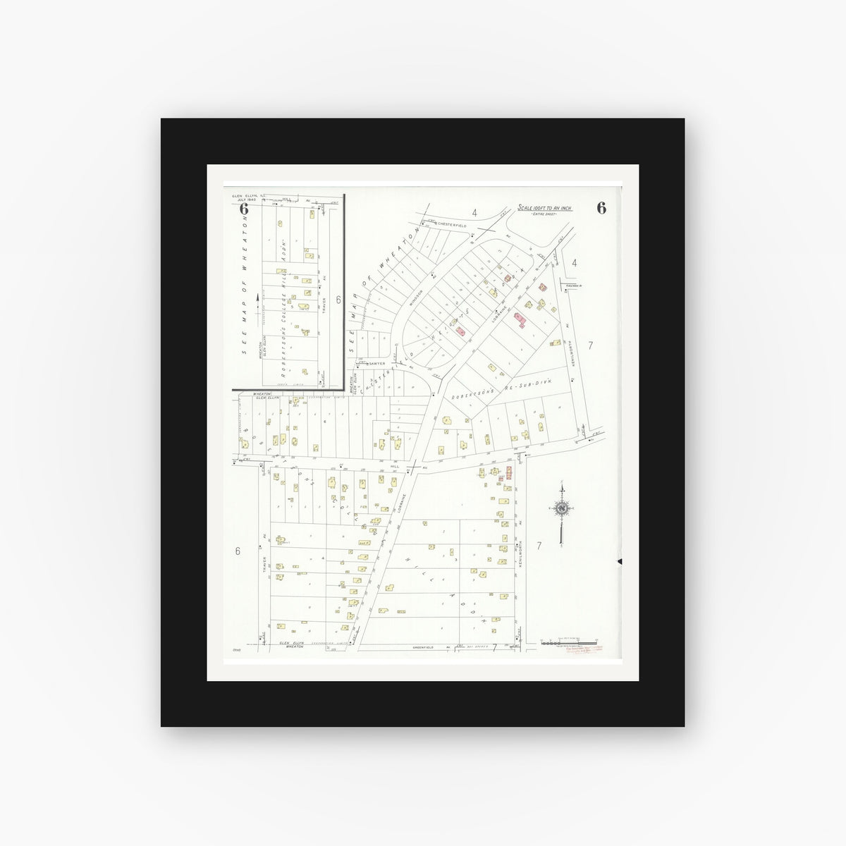 Old map wall art mockup — black gallery frame with white mat — Sanborn Fire Insurance Map from Glen Ellyn, Du Page County, Illinois (1940), Sheet #0006