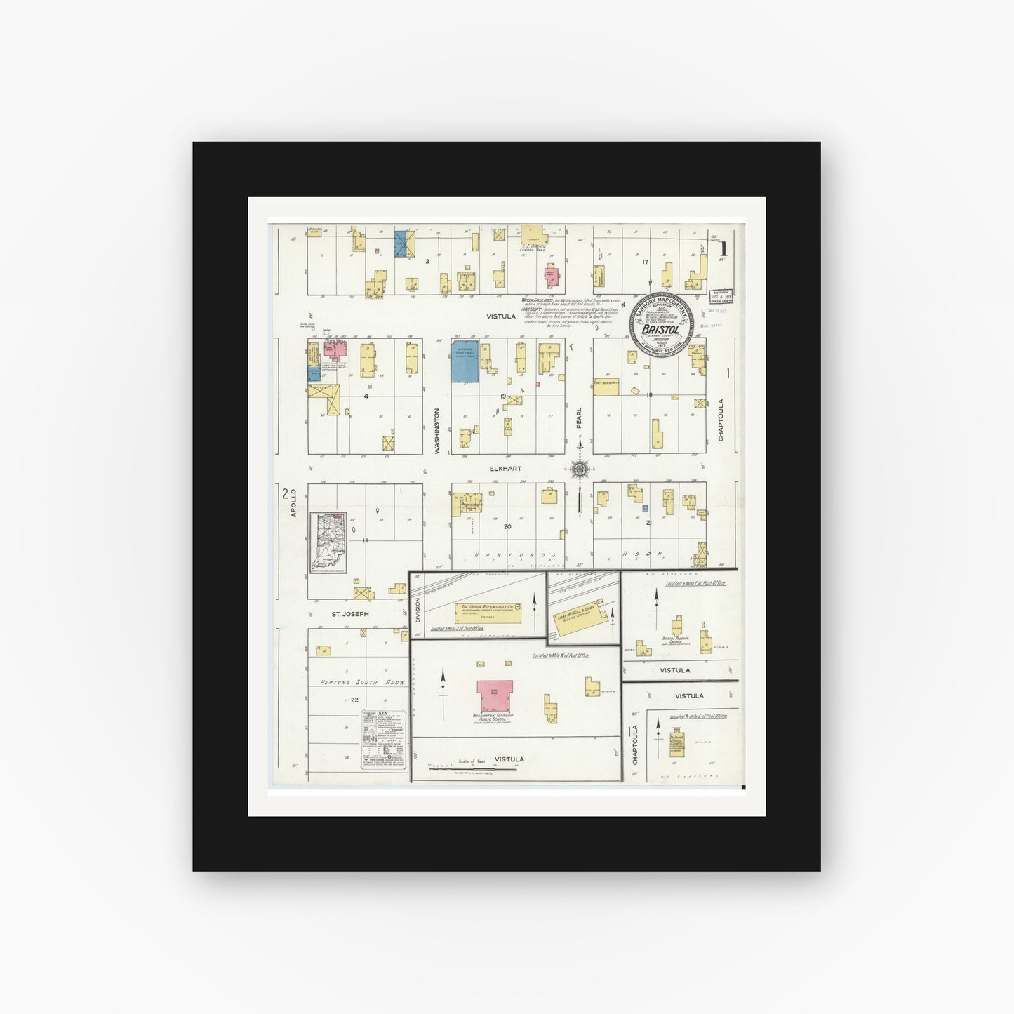 Old map wall art mockup — black gallery frame with white mat — Sanborn Fire Insurance Map from Bristol, Elkhart County, Indiana (1917) - Complete Map Set