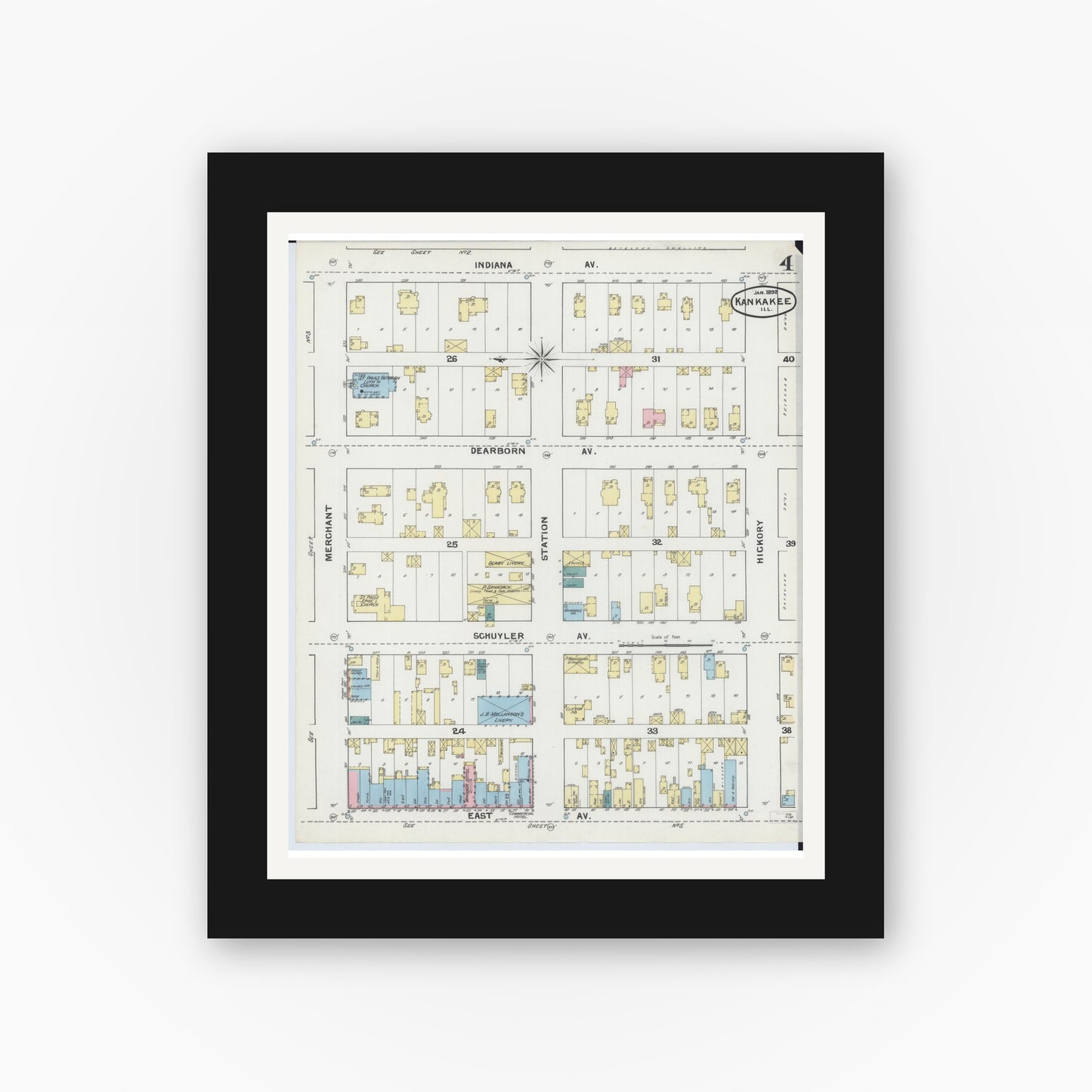 Old map wall art mockup — black gallery frame with white mat — Sanborn Fire Insurance Map from Kankakee, Kankakee County, Illinois (1892), Sheet #0004
