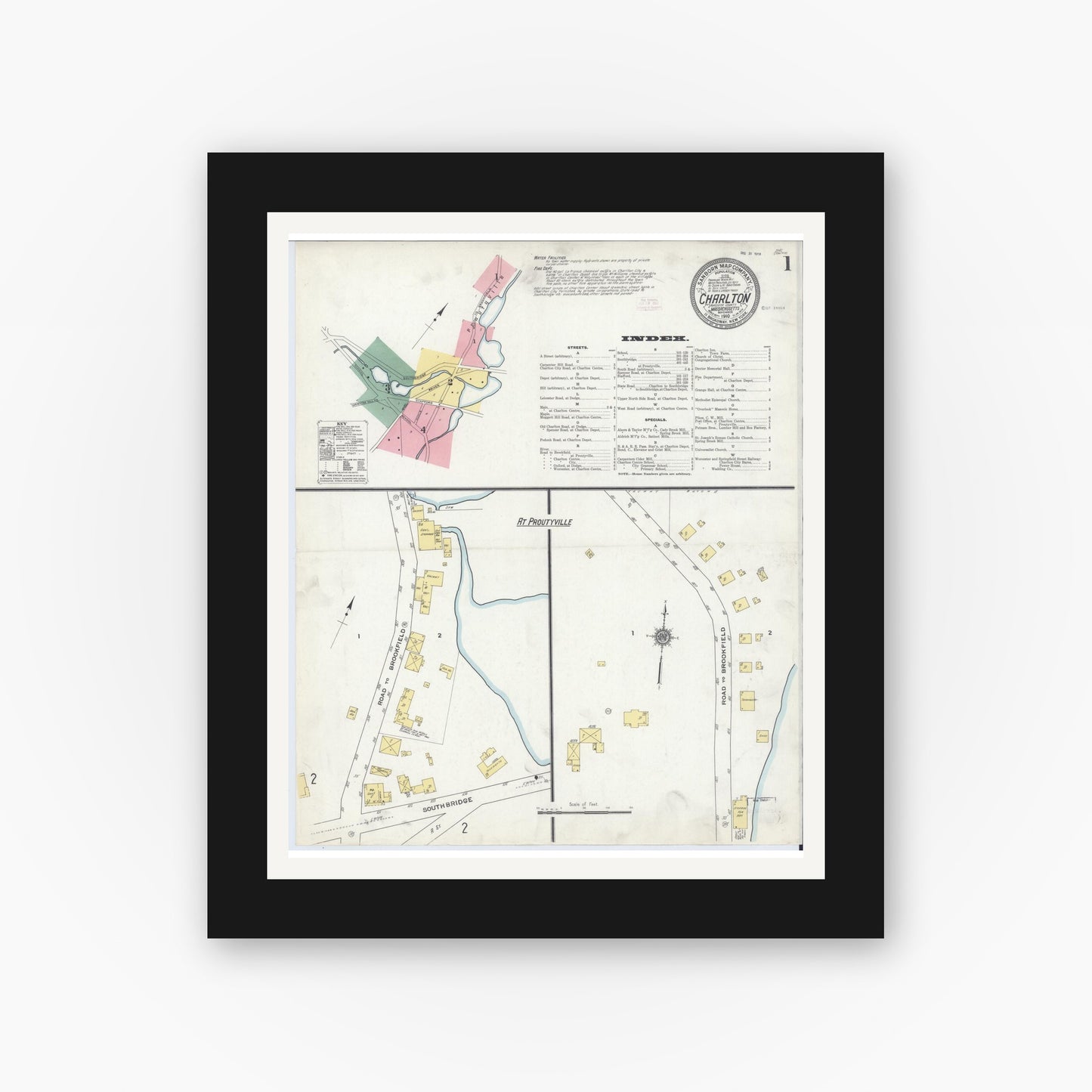 Old map wall art mockup — black gallery frame with white mat — Sanborn Fire Insurance Map from Charlton, Worcester County, Massachusetts (1910), Sheet #0001