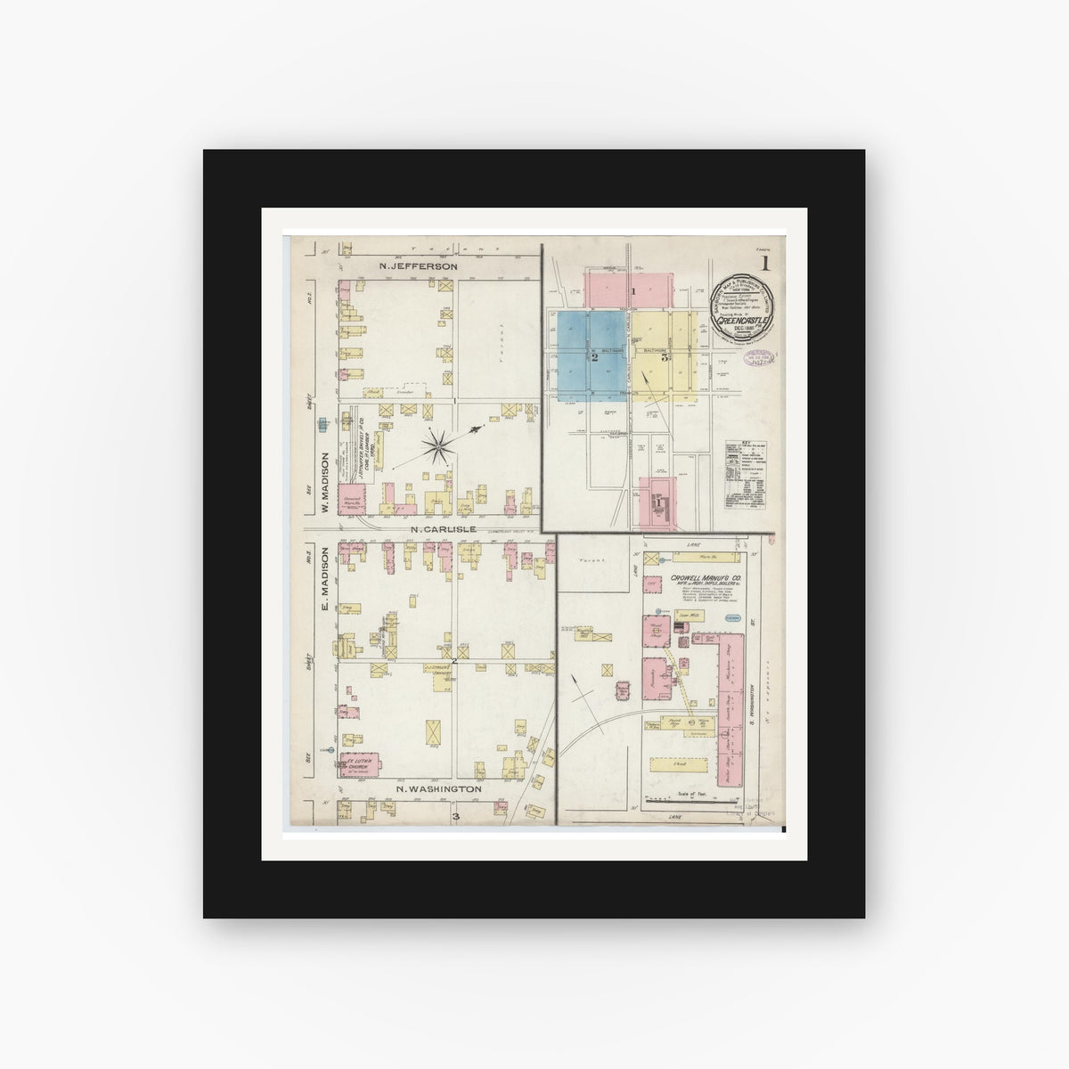 Old map wall art mockup — black gallery frame with white mat — Sanborn Fire Insurance Map from Greencastle, Franklin County, Pennsylvania (1885) - Complete Map Set