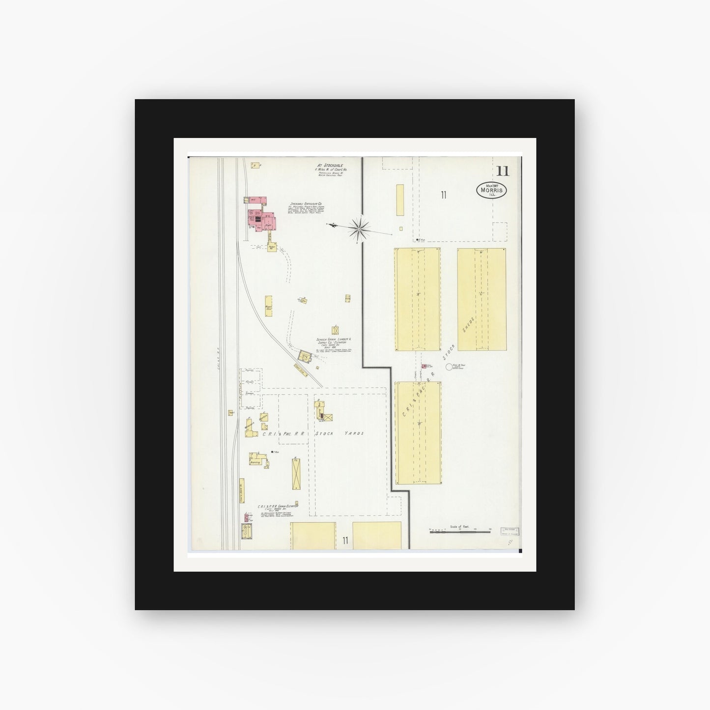 Old map wall art mockup — black gallery frame with white mat — Sanborn Fire Insurance Map from Morris, Grundy County, Illinois (1907), Sheet #0011