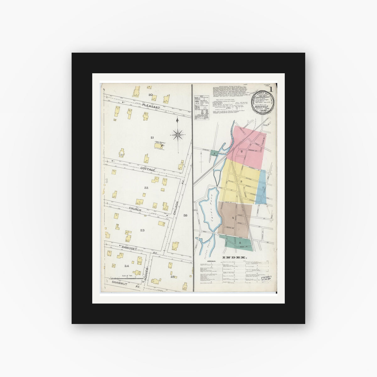 Old map wall art mockup — black gallery frame with white mat — Sanborn Fire Insurance Map from Mansfield, Bristol County, Massachusetts (1892) - Complete Map Set