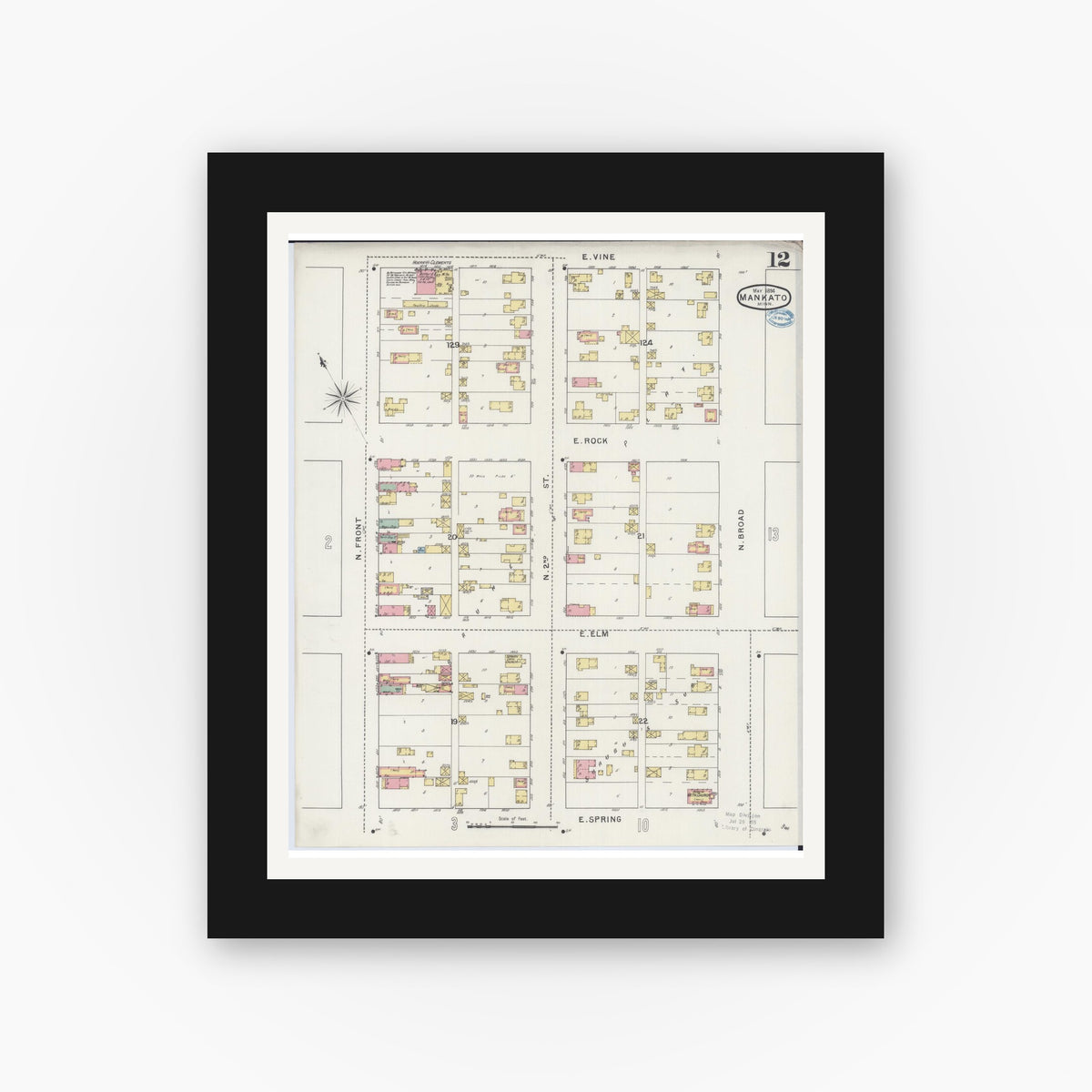 Old map wall art mockup — black gallery frame with white mat — Sanborn Fire Insurance Map from Mankato, Blue Earth County, Minnesota (1894), Sheet #0012