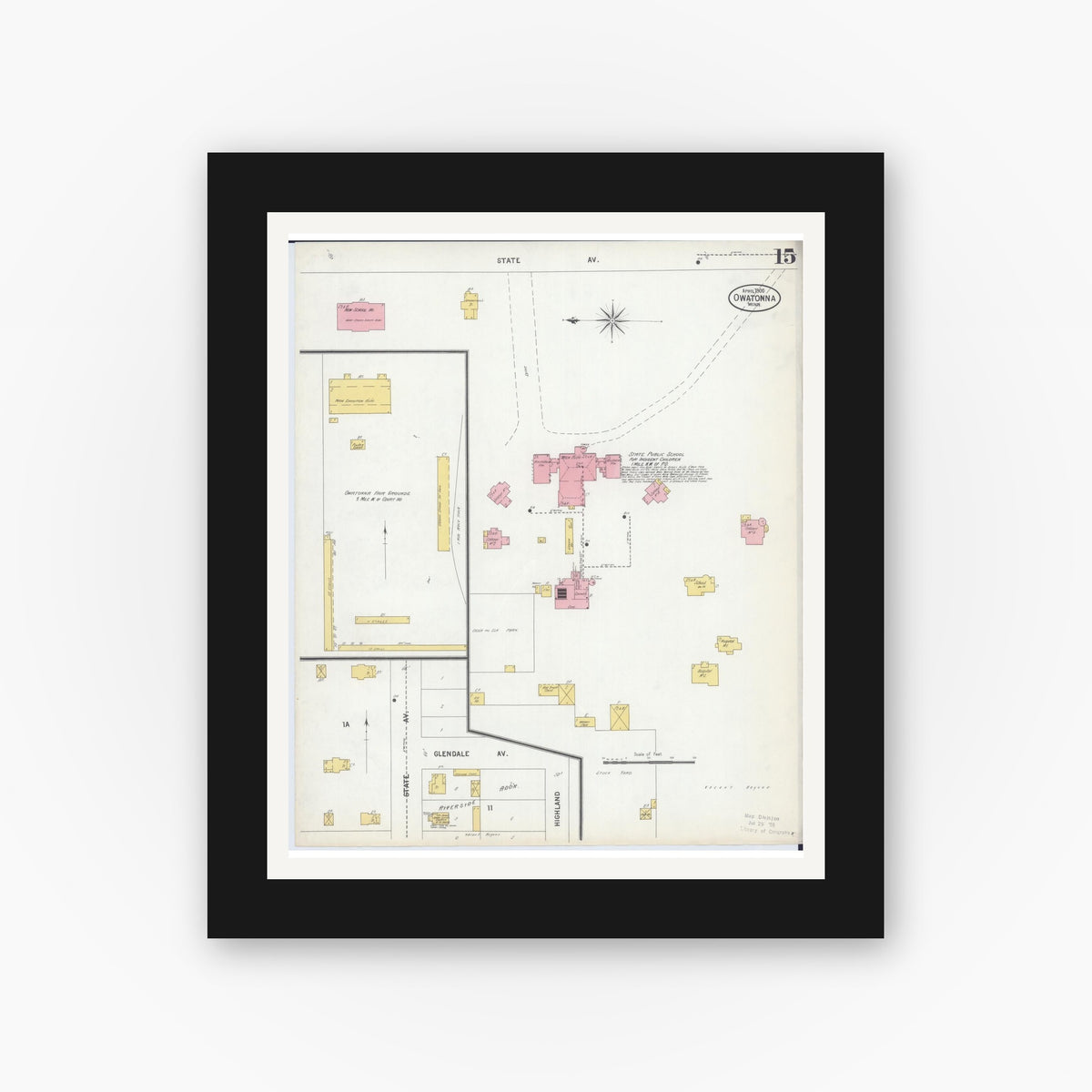 Old map wall art mockup — black gallery frame with white mat — Sanborn Fire Insurance Map from Owatonna, Steele County, Minnesota (1900), Sheet #0015