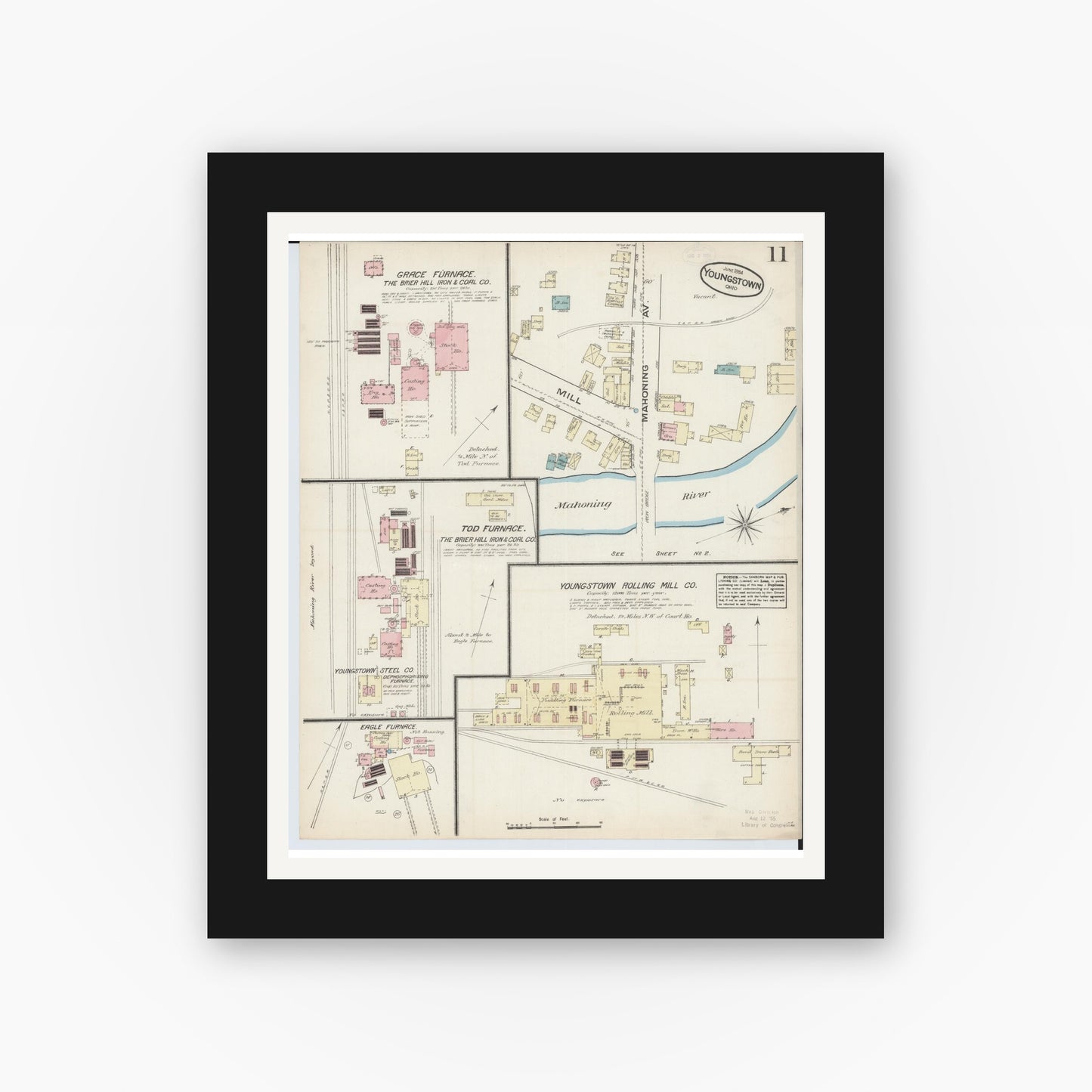 Old map wall art mockup — black gallery frame with white mat — Sanborn Fire Insurance Map from Youngstown, Mahoning County, Ohio (1884), Sheet #0011