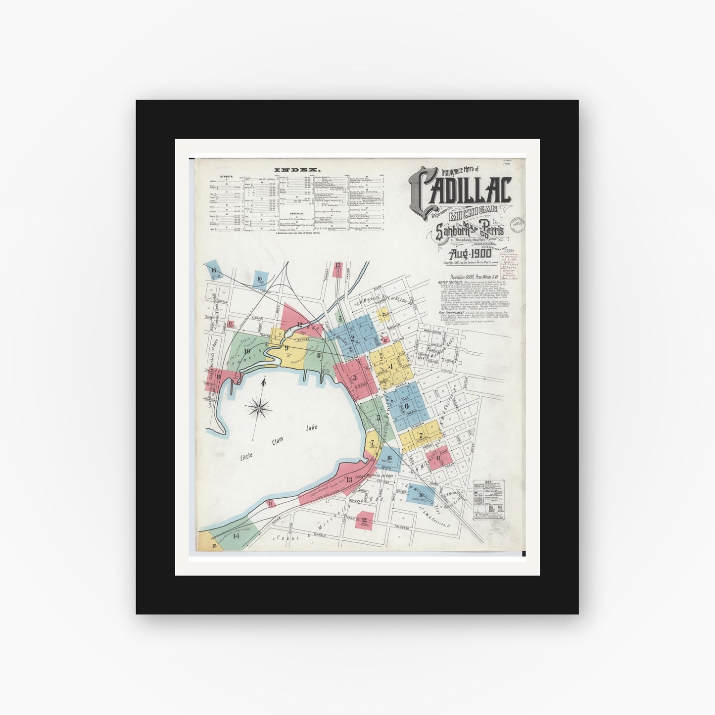 Old map wall art mockup — black gallery frame with white mat — Sanborn Fire Insurance Map from Cadillac, Wexford County, Michigan (1900) - Complete Map Set