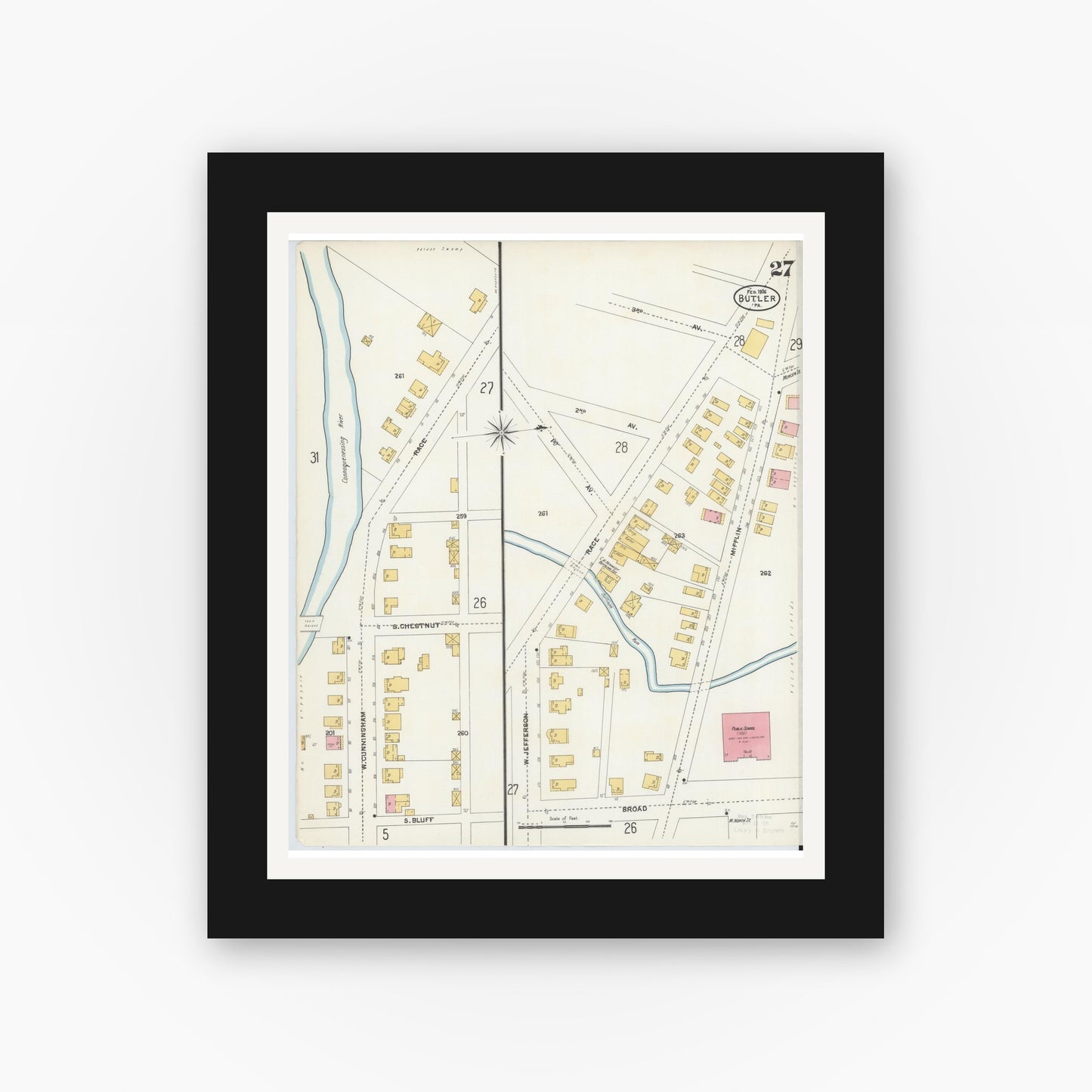 Old map wall art mockup — black gallery frame with white mat — Sanborn Fire Insurance Map from Butler, Butler County, Pennsylvania (1906), Sheet #0027