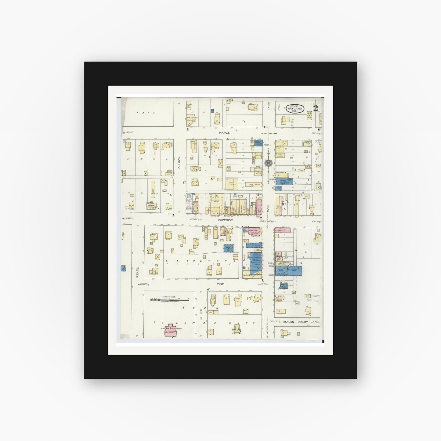 Old map wall art mockup — black gallery frame with white mat — Sanborn Fire Insurance Map from Wayland, Allegan County, Michigan (1921), Sheet #0002