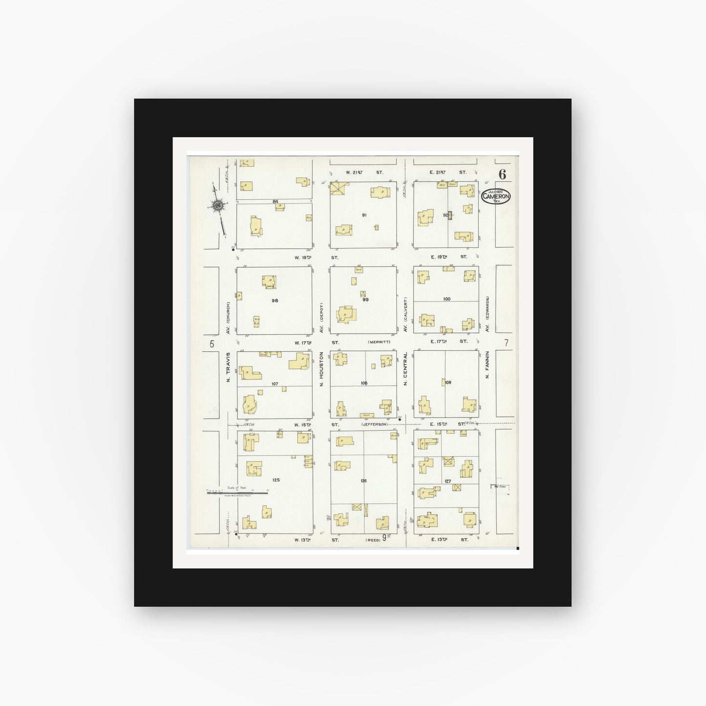 Old map wall art mockup — black gallery frame with white mat — Sanborn Fire Insurance Map from Cameron, Milam County, Texas (1920), Sheet #0006