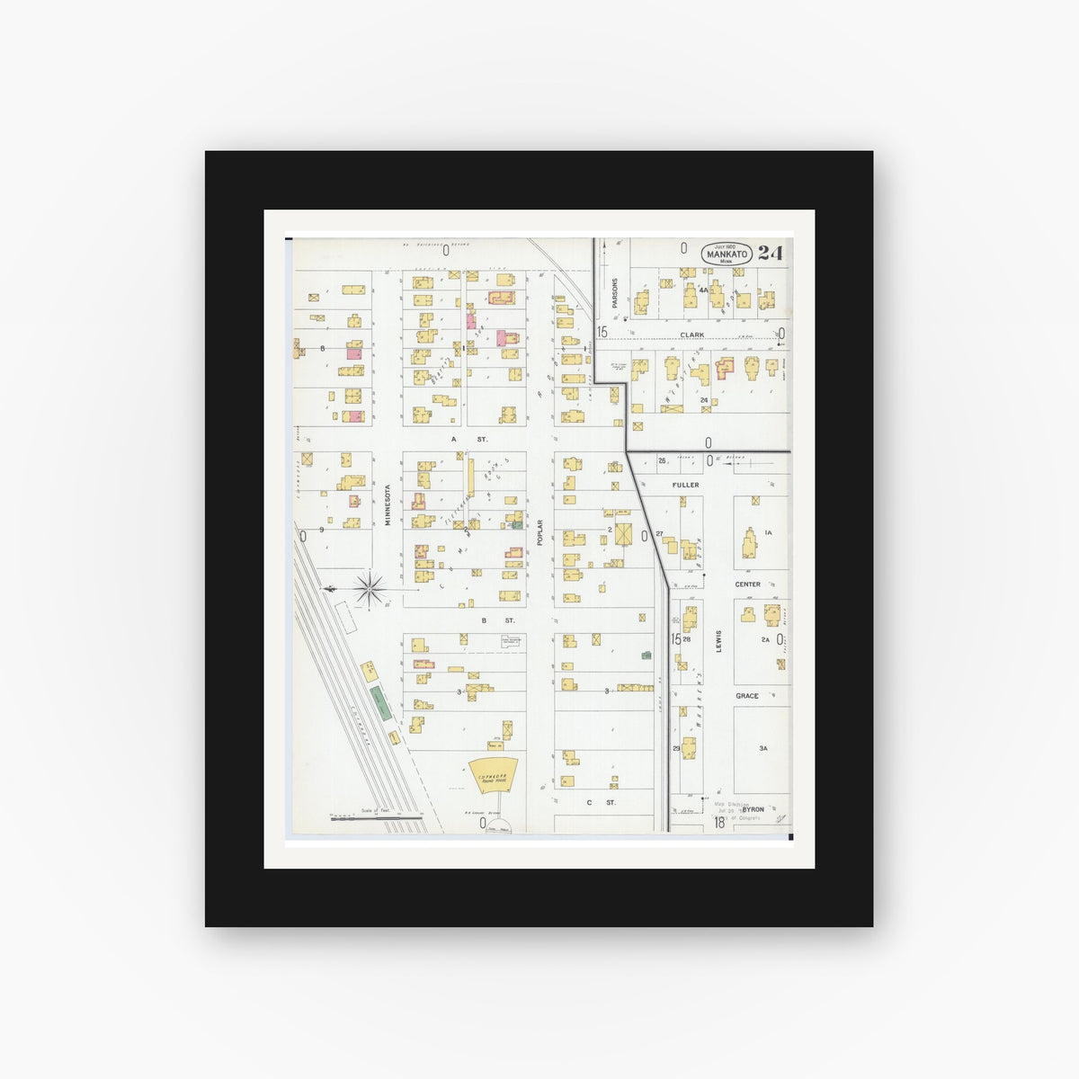 Old map wall art mockup — black gallery frame with white mat — Sanborn Fire Insurance Map from Mankato, Blue Earth County, Minnesota (1900), Sheet #0024