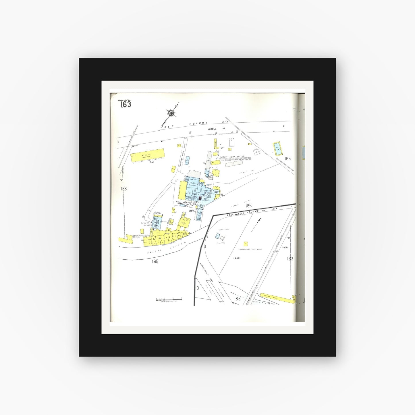 Old map wall art mockup — black gallery frame with white mat — Sanborn Fire Insurance Map from Honolulu, Oahu County, Hawaii (1955), Sheet #0163