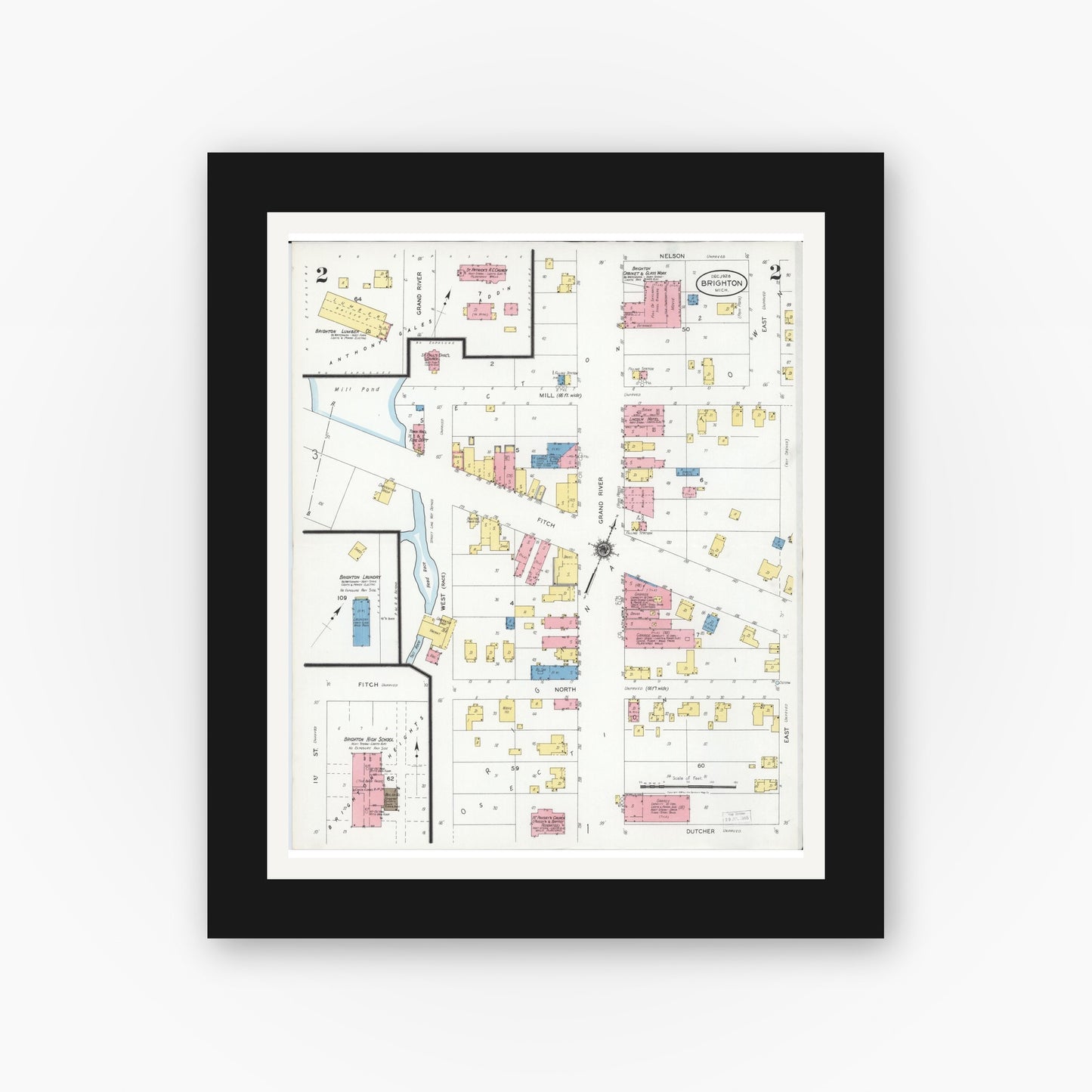 Old map wall art mockup — black gallery frame with white mat — Sanborn Fire Insurance Map from Brighton, Livingston County, Michigan (1928), Sheet #0002