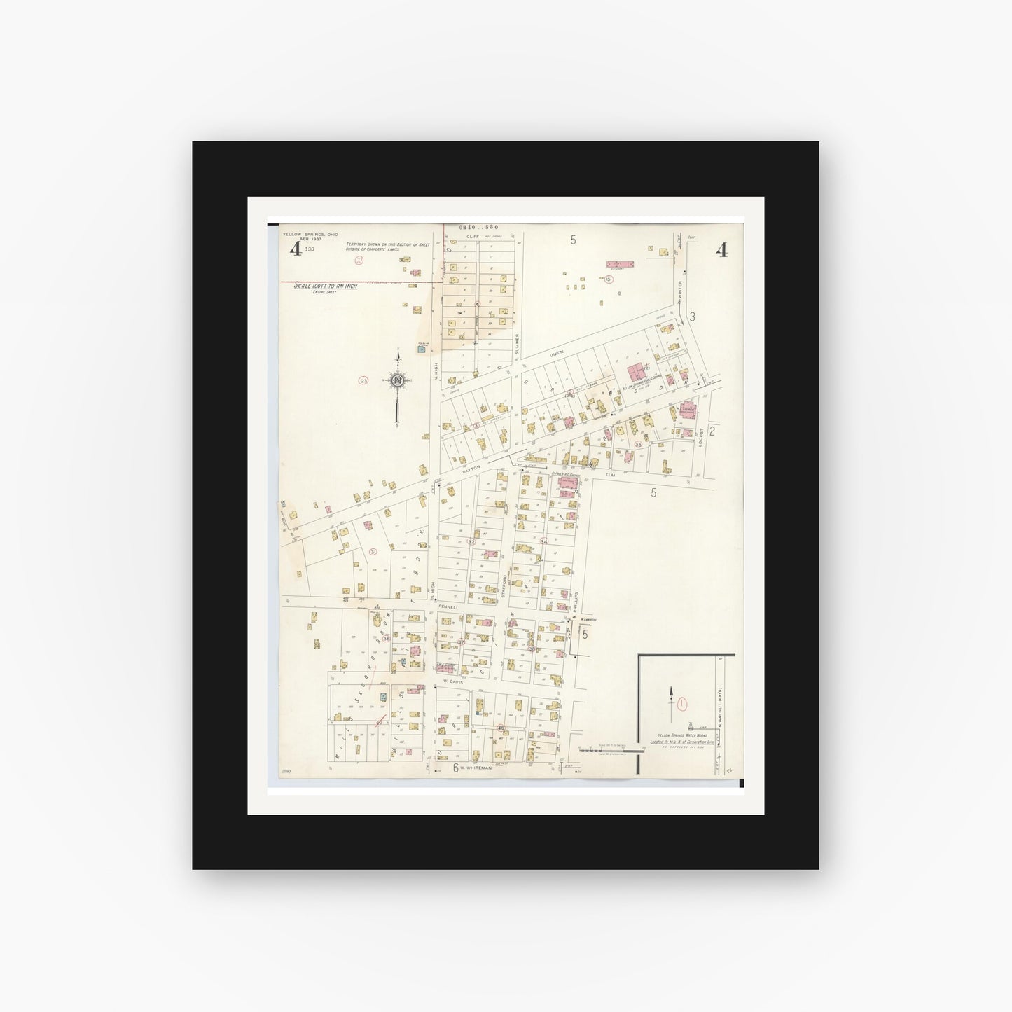 Old map wall art mockup — black gallery frame with white mat — Sanborn Fire Insurance Map from Yellow Springs, Greene County, Ohio (1945), Sheet #0004