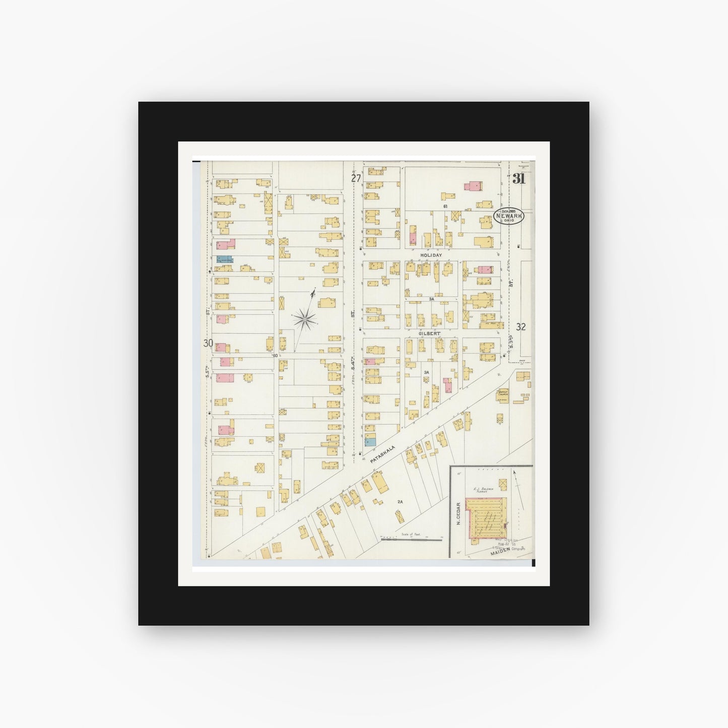 Old map wall art mockup — black gallery frame with white mat — Sanborn Fire Insurance Map from Newark, Licking County, Ohio (1905), Sheet #0031