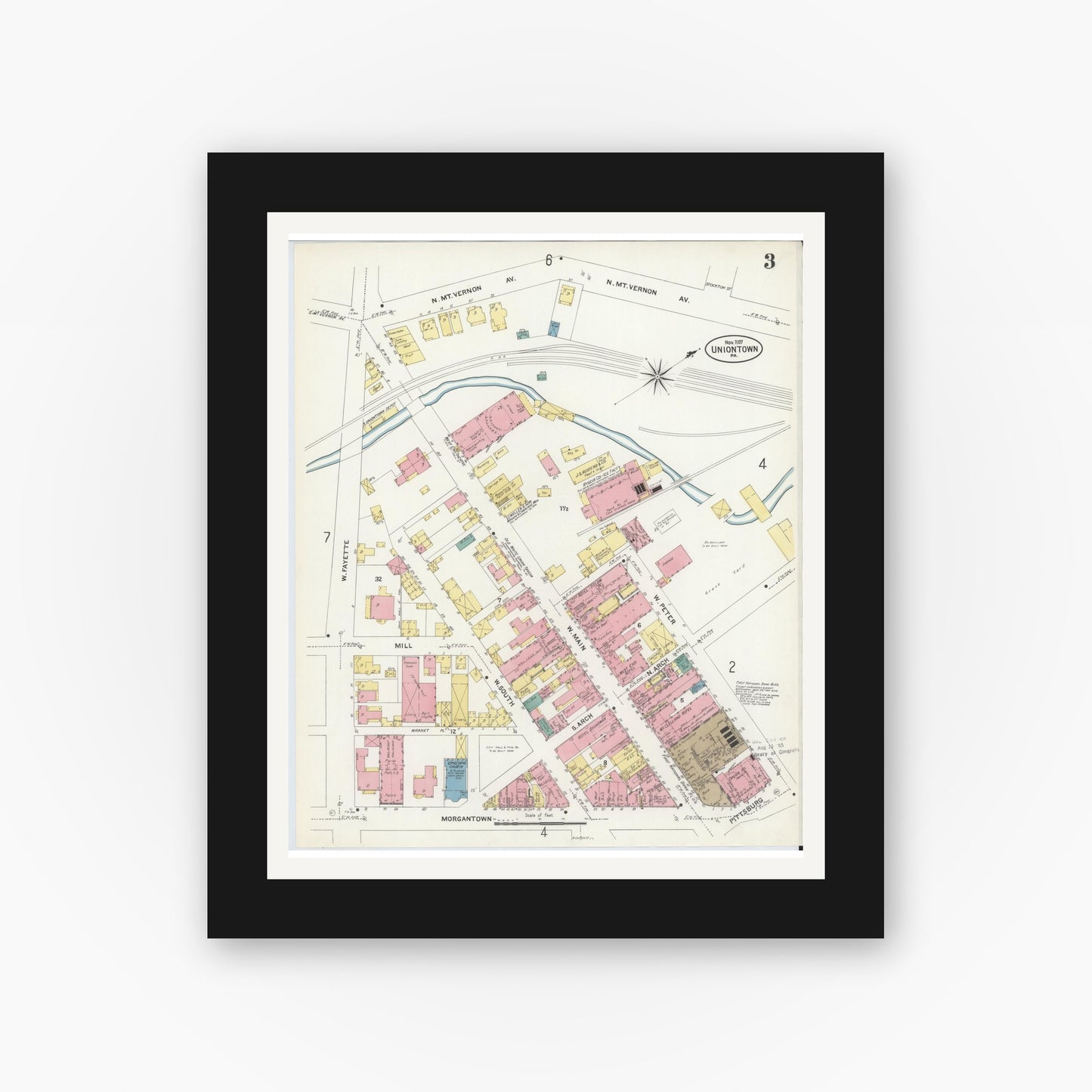 Old map wall art mockup — black gallery frame with white mat — Sanborn Fire Insurance Map from Uniontown, Fayette County, Pennsylvania (1907), Sheet #0003